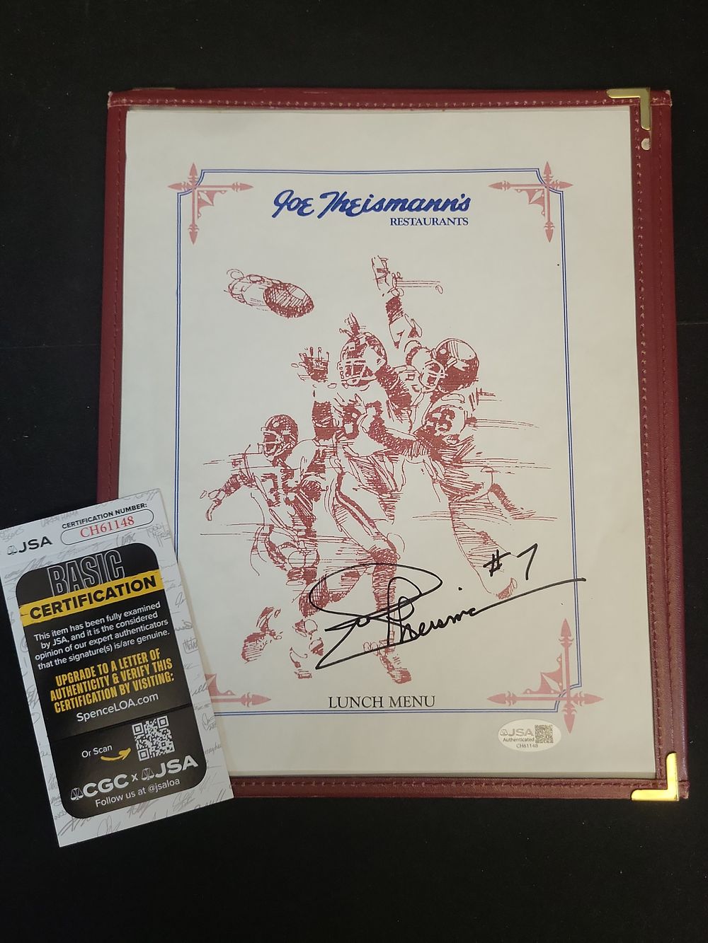 Lot 255: I01348 | Joe Theismann Signed Restaurant Menu with JSA Authentication