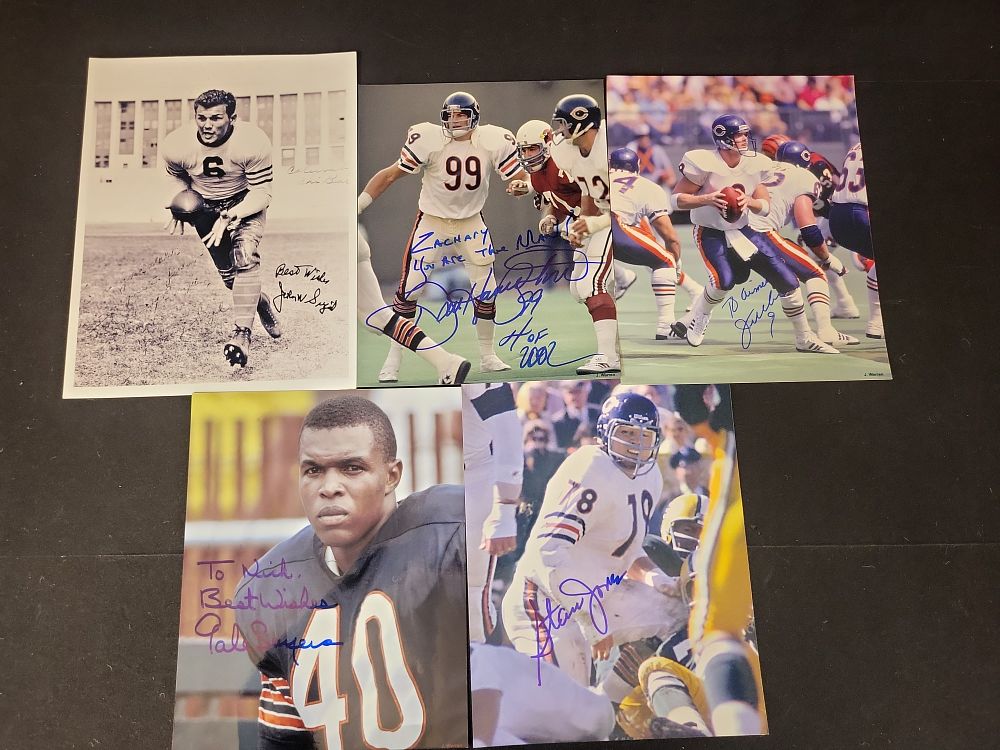 Lot 268: I01472 | Five Autographed Chicago Bears Photographic Prints Including Gale Sayers Dan Hampton Jim McMahon Stan Jones and John Siegal