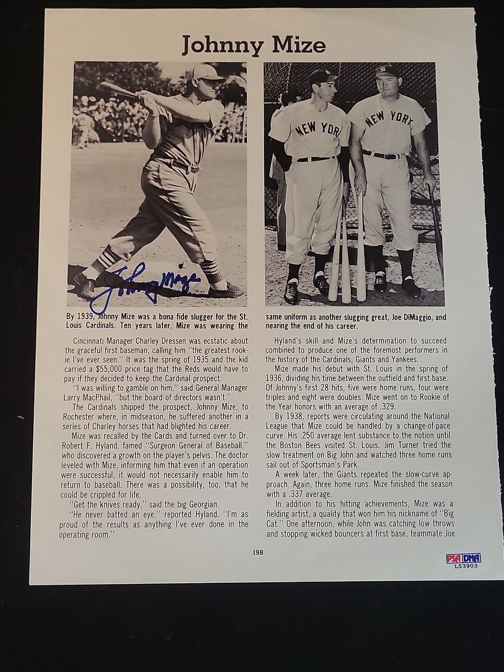 Lot 293: I00958 | Johnny Mize Autographed Printed Biography Page, PSA/DNA Authenticated