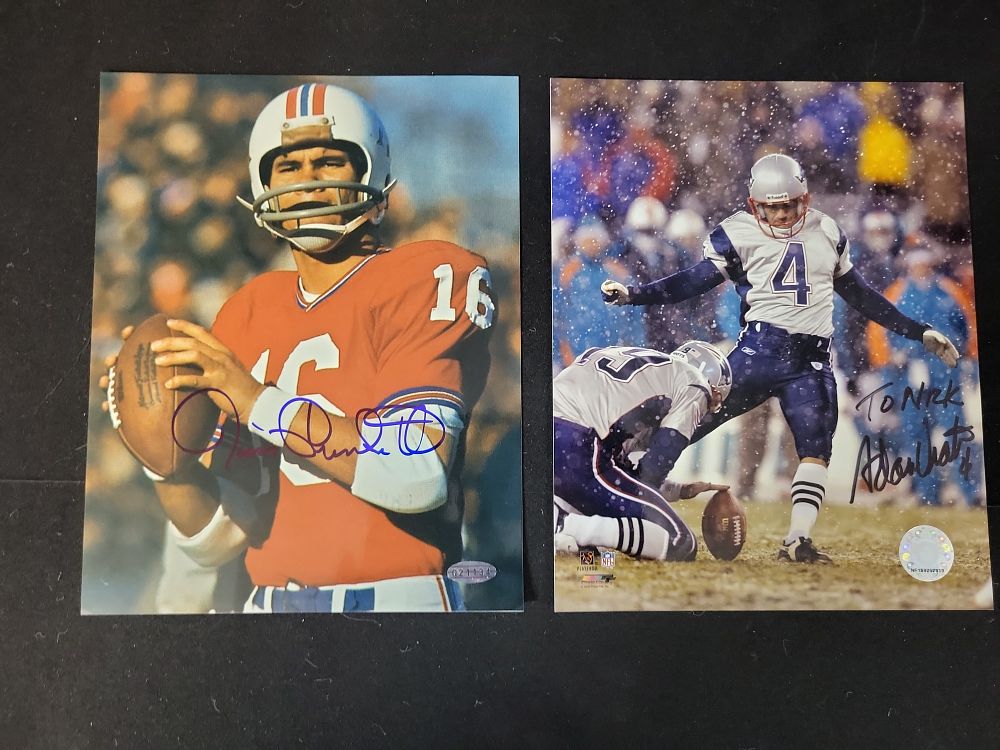 Lot 300: I01482 | Two New England Patriots Autographed 8 x 10 Photographs featuring Jim Plunkett and Adam Vinatieri