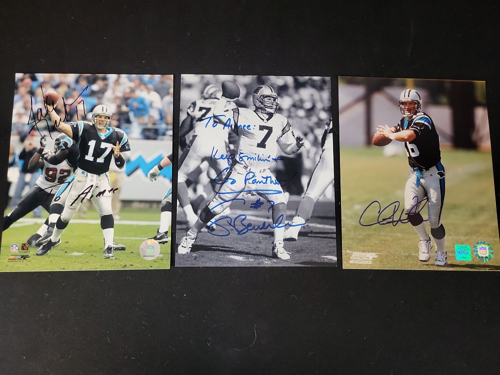 Lot 324: I01484 | A Trio of Autographed Carolina Panthers Quarterback Photographs featuring Jake Delhomme, Steve Beuerlein, and Chris Weinke