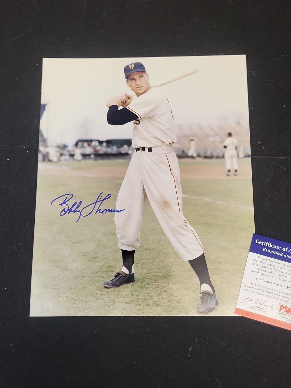 Lot 327: I01518 | Bobby Thomson Autographed New York Giants Colorized Photograph with PSA/DNA COA