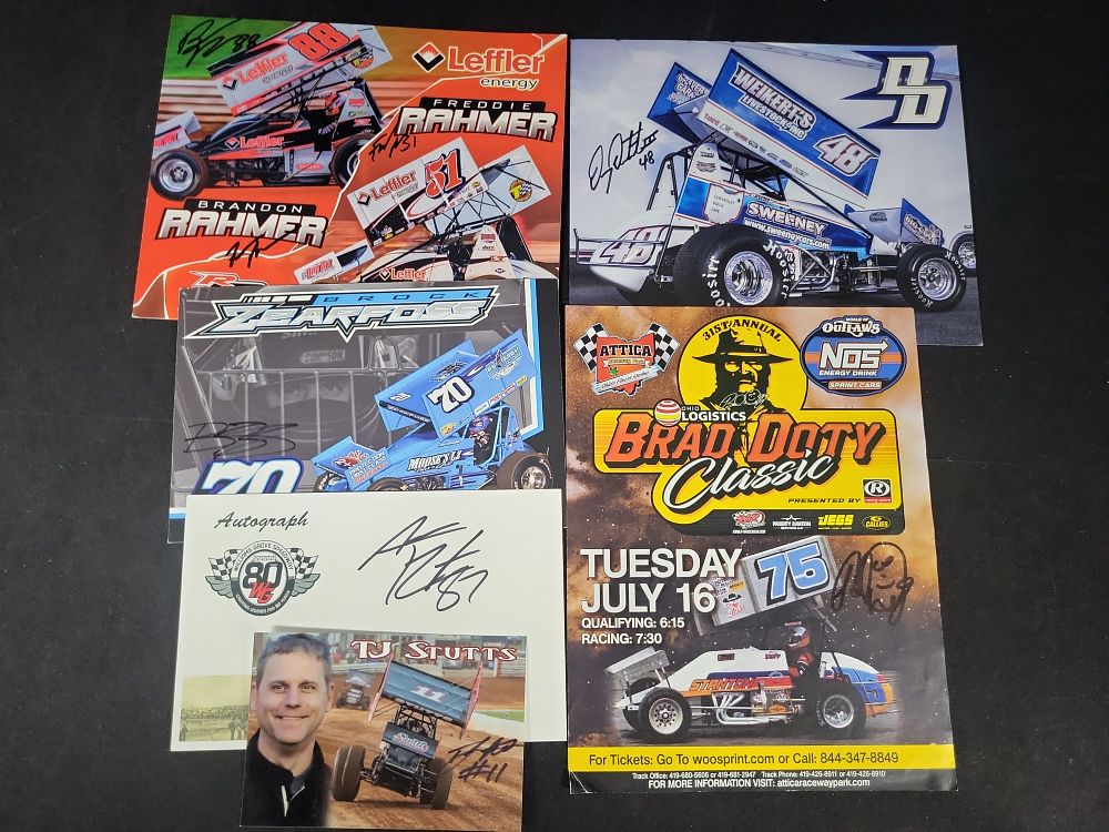 Lot 329: I01713 | A Collection of Six Signed Sprint Car Racing Hero Cards and Promotional Items