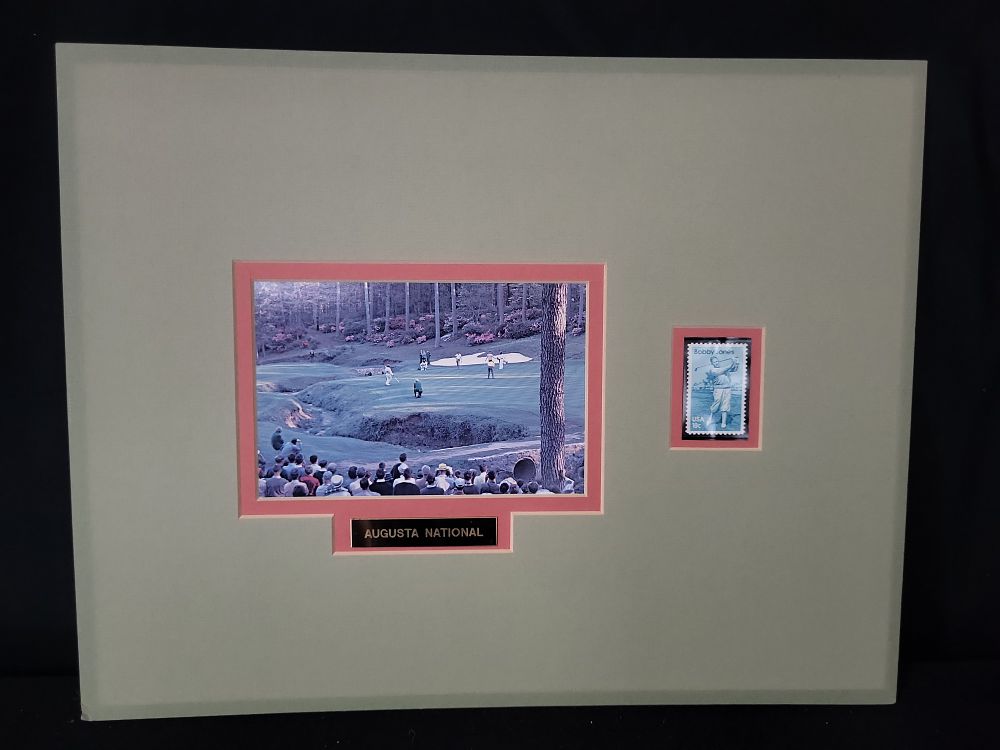 Lot 351: I01830 | Augusta National 12th Hole Photograph and Bobby Jones Commemorative Stamp Matted Display