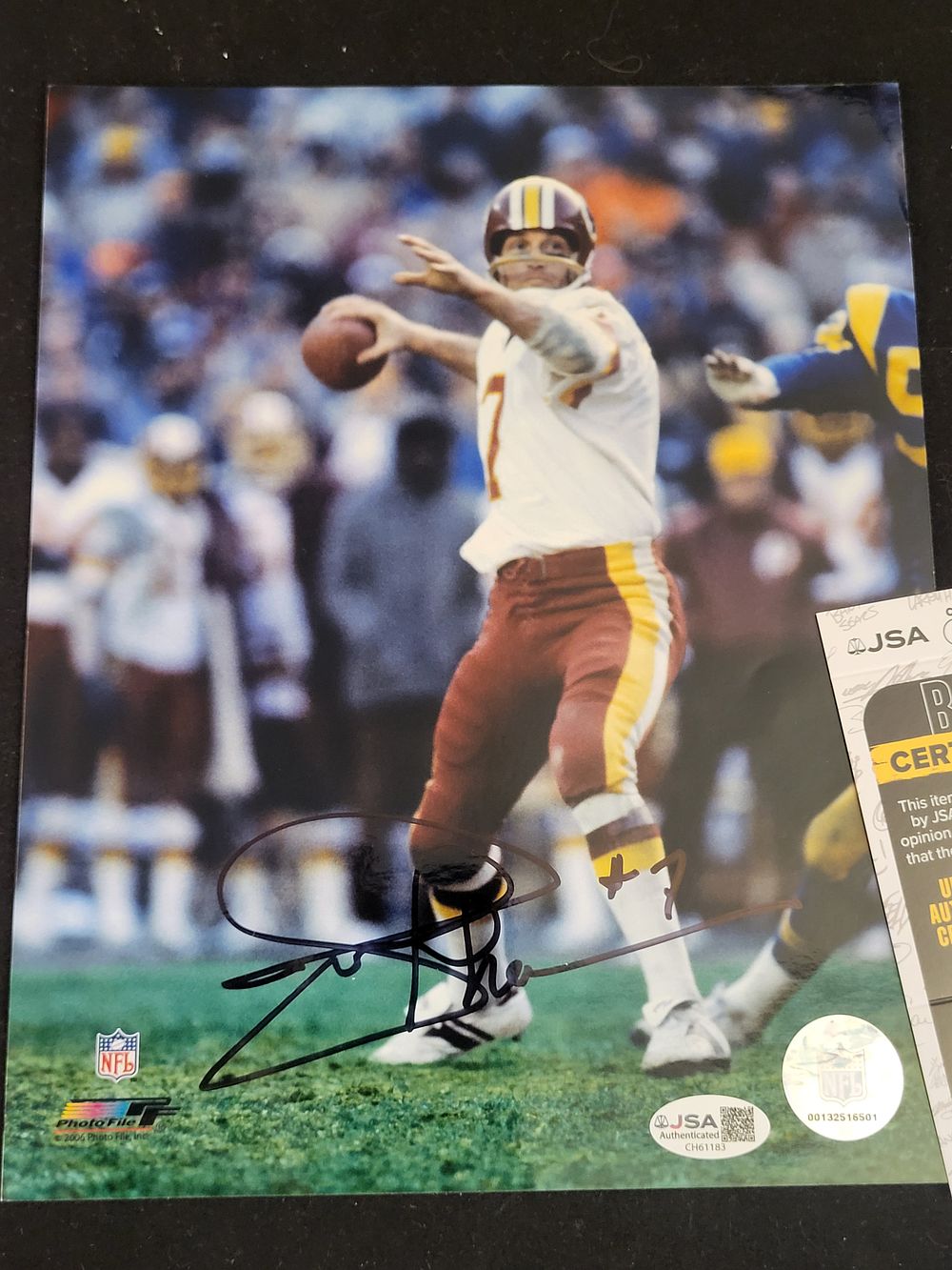 Lot 355: I00699 | Joe Theismann Signed Washington Redskins Action Photograph with JSA Authentication