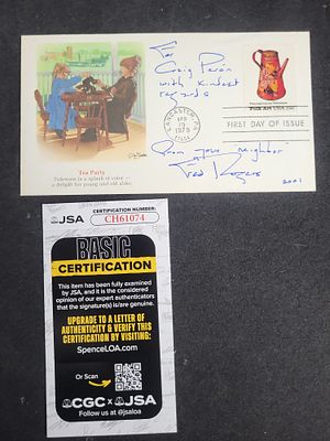 I03401 | Fred Rogers Autographed Pennsylvania Folk Art First Day Cover JSA Authenticated. BID 