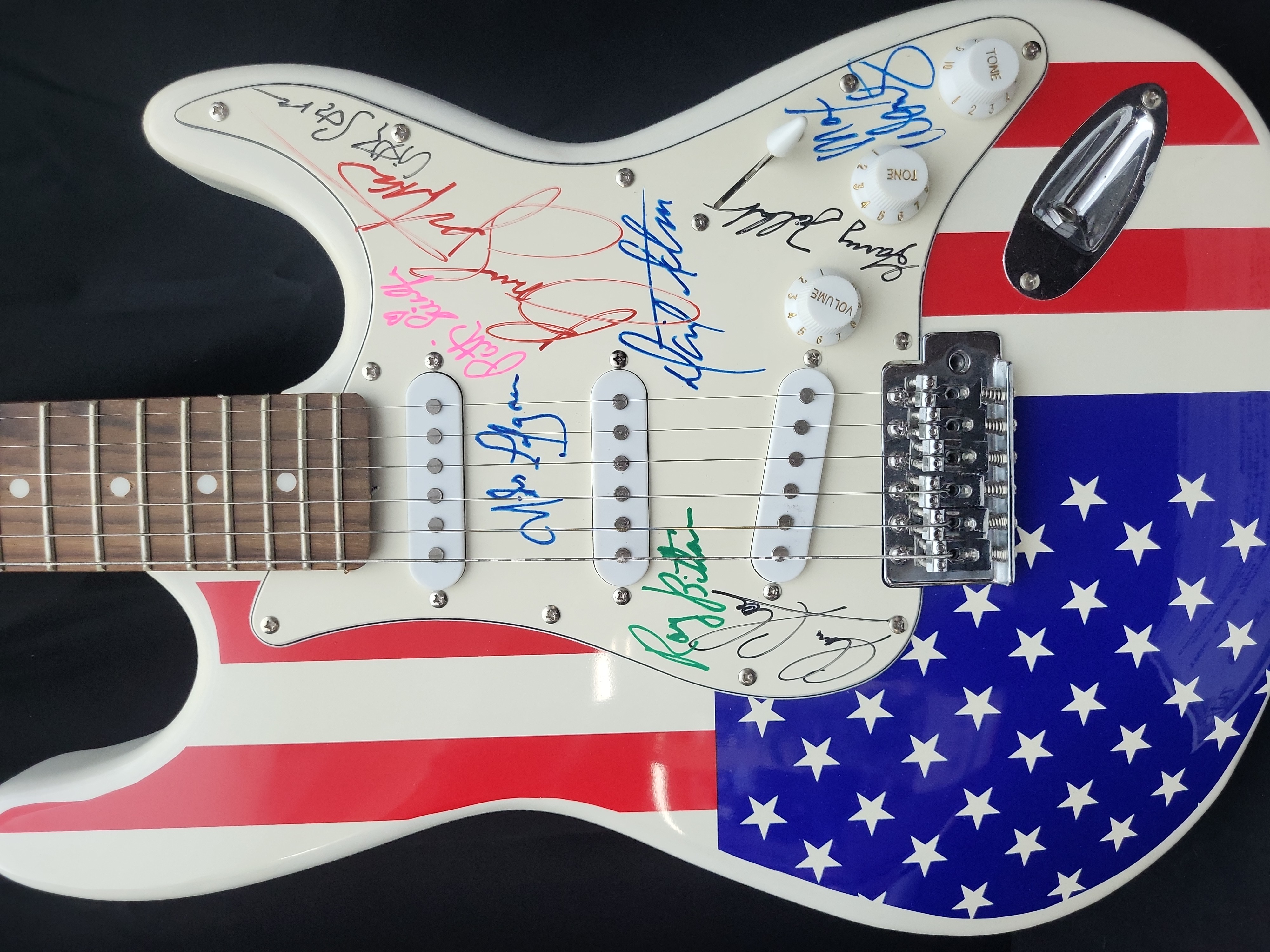 I03561 | Bruce Springsteen and The E Street Band Signed American Flag Stratocaster Style Electric Guitar
