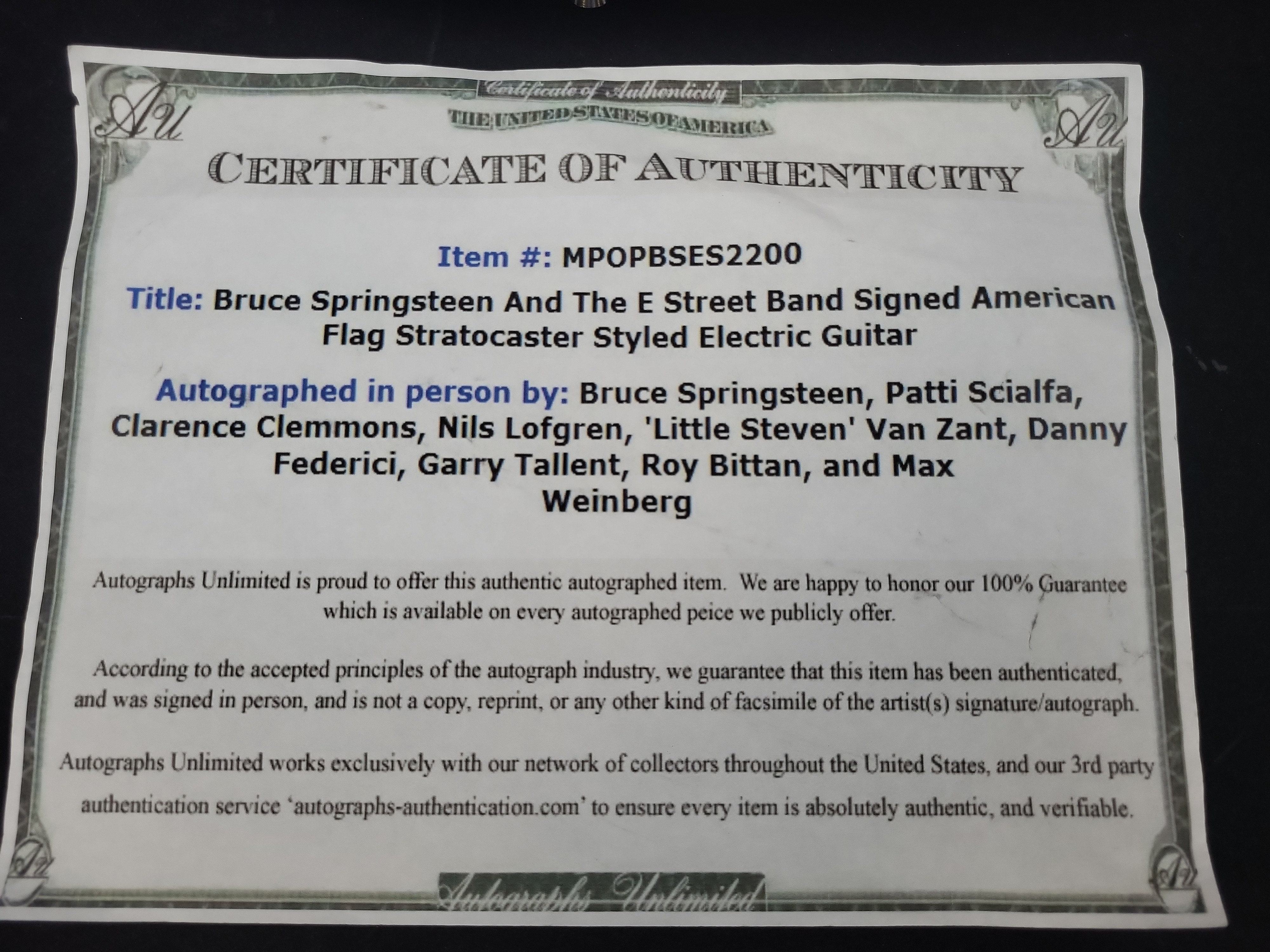 I03561 | Bruce Springsteen and The E Street Band Signed American Flag Stratocaster Style Electric Guitar