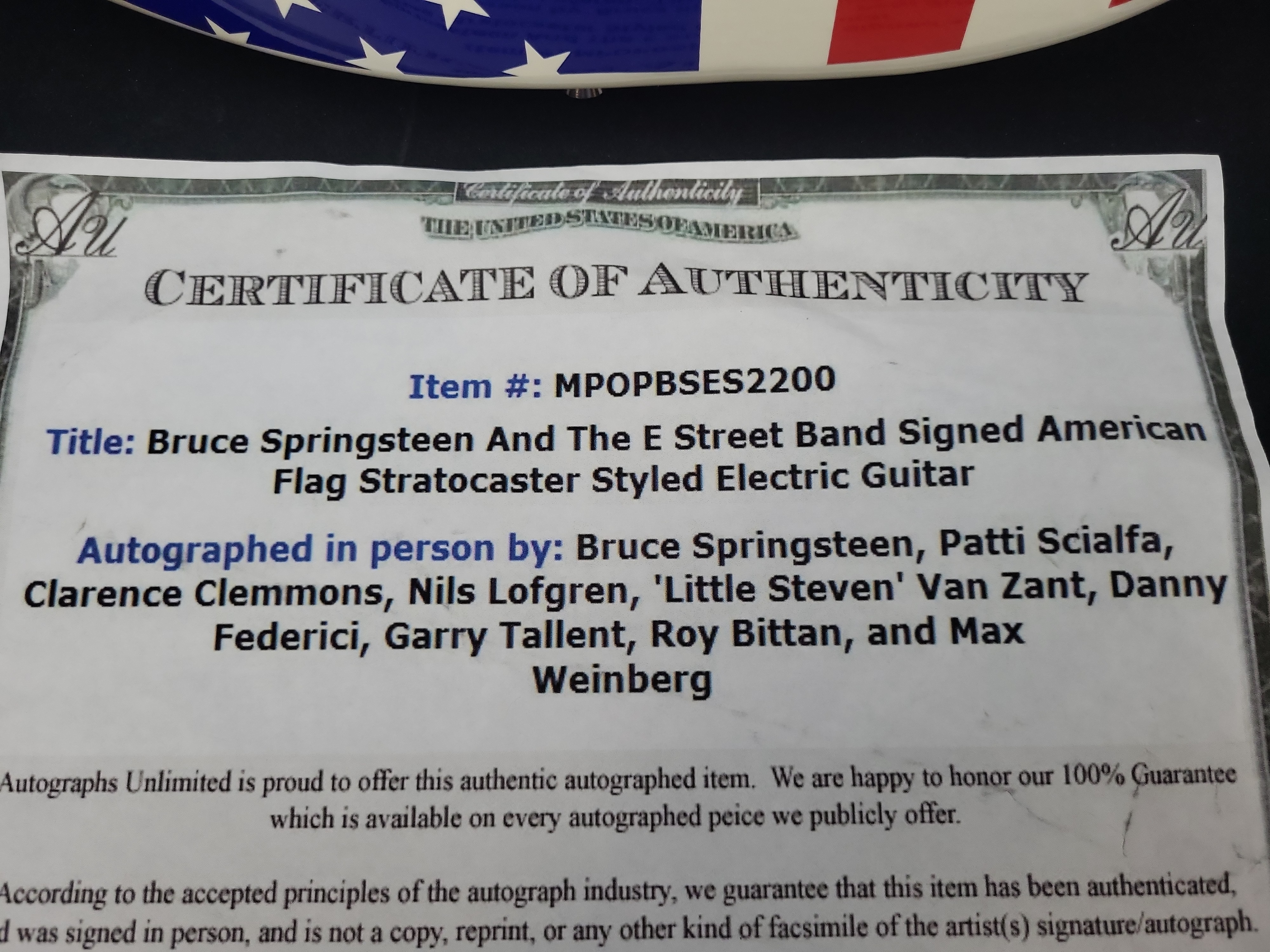 I03561 | Bruce Springsteen and The E Street Band Signed American Flag Stratocaster Style Electric Guitar