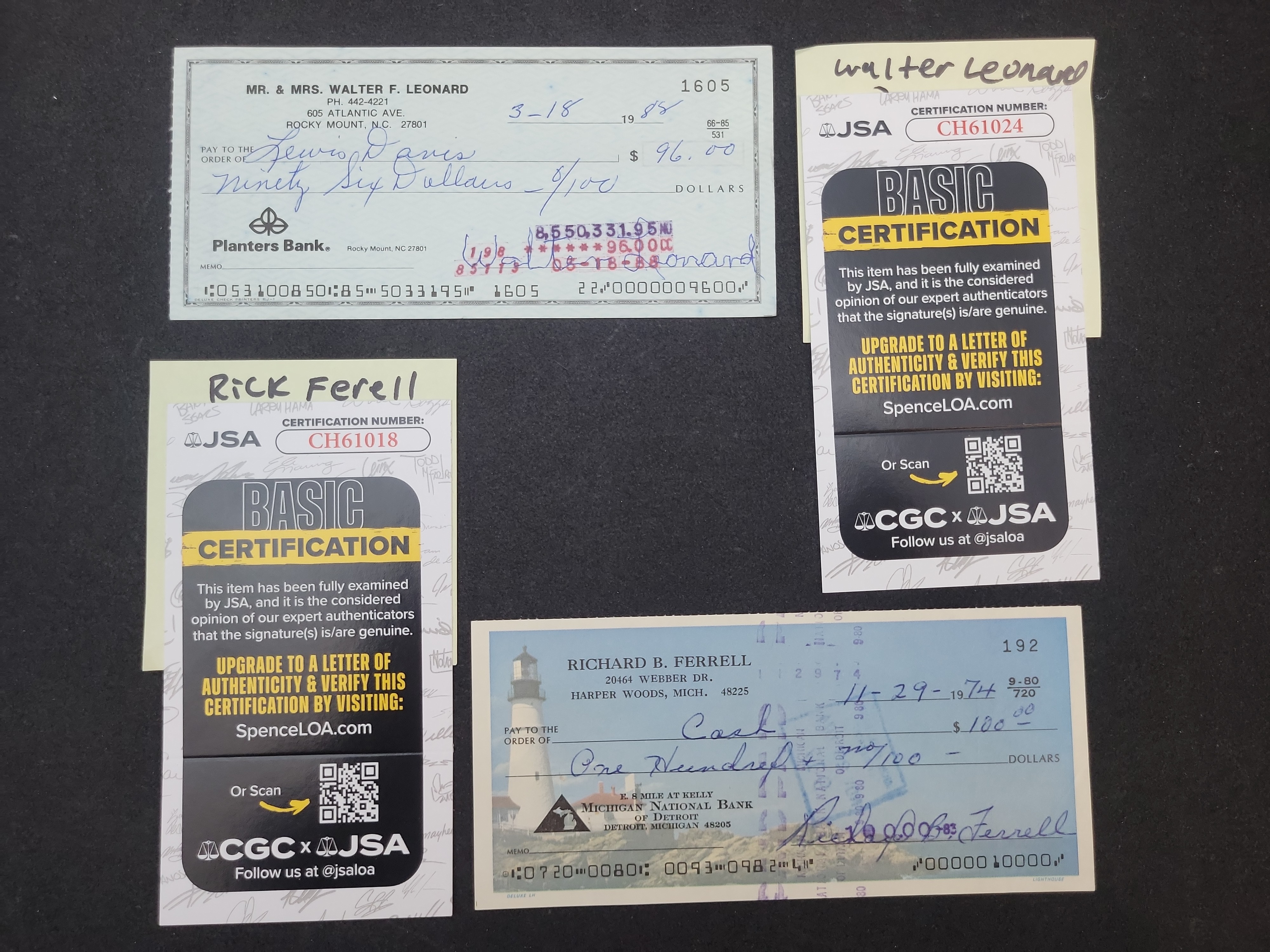 I03367 | A Pair of Autographed Personal Checks: Baseball Hall of Famers Buck Leonard and Rick Ferrell (JSA Certified)