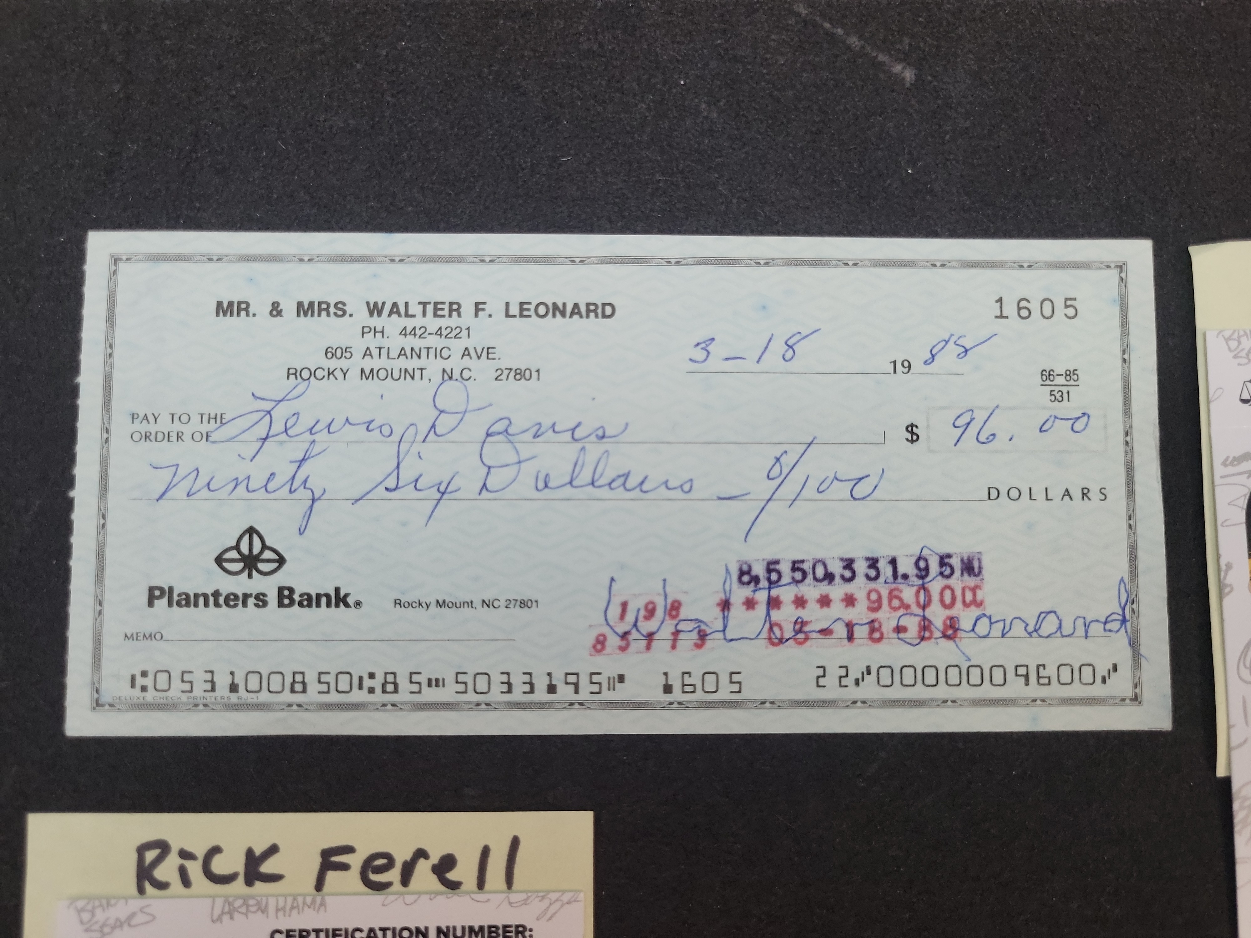 I03367 | A Pair of Autographed Personal Checks: Baseball Hall of Famers Buck Leonard and Rick Ferrell (JSA Certified)