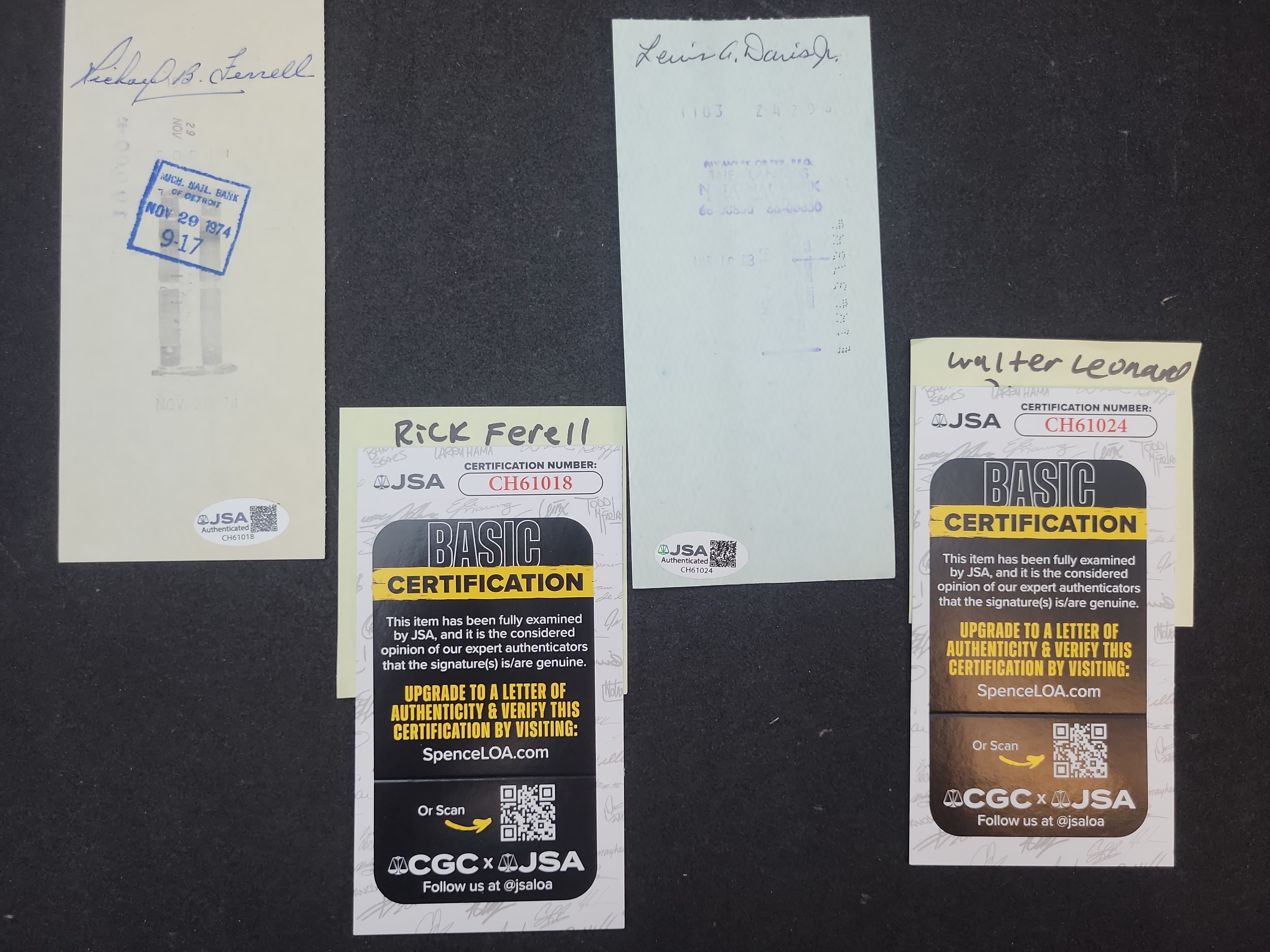 I03367 | A Pair of Autographed Personal Checks: Baseball Hall of Famers Buck Leonard and Rick Ferrell (JSA Certified)