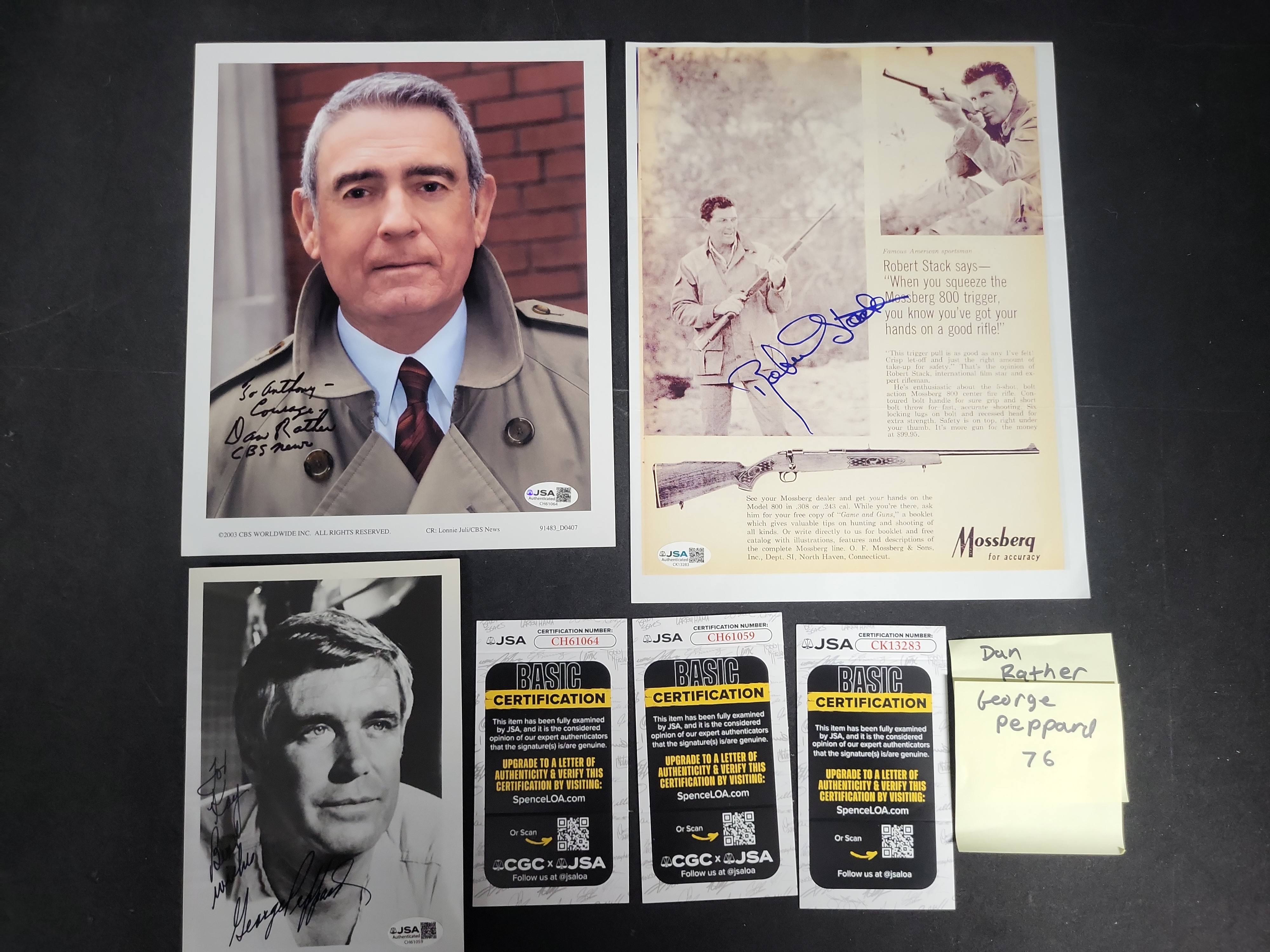 I03393 | A Trio of Autographed Celebrity Memorabilia Items Featuring Dan Rather, George Peppard, and Robert Stack with JSA Authentication