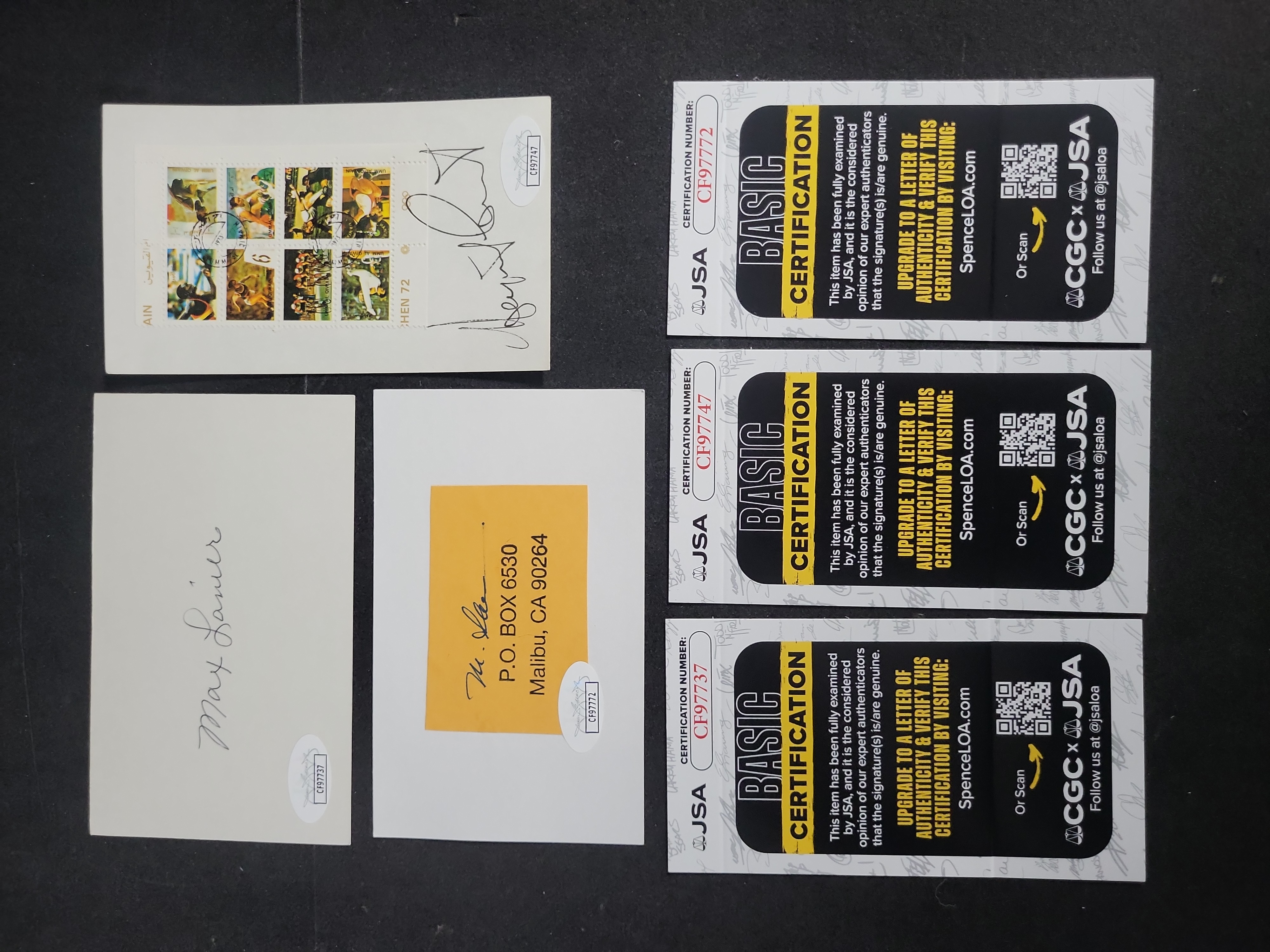 I03395 | Three Autographed Items Including Margaret Court, Max Lanier, and Martin Sheen with JSA Certification