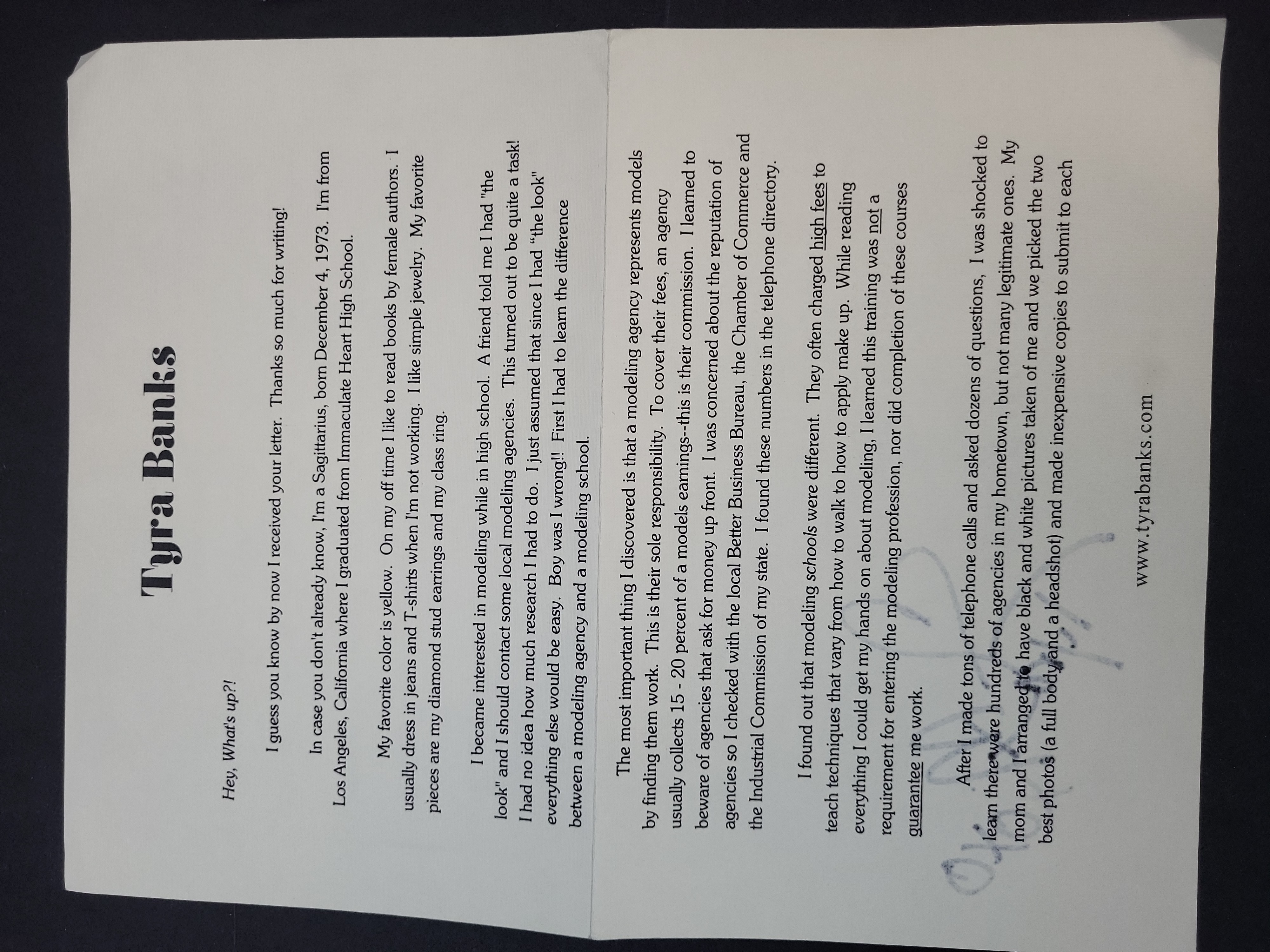 I03381 | Two Pieces of Celebrity Signed Ephemera Including Tyra Banks Promotional Letter and Catherine Zeta-Jones Signed Playbill