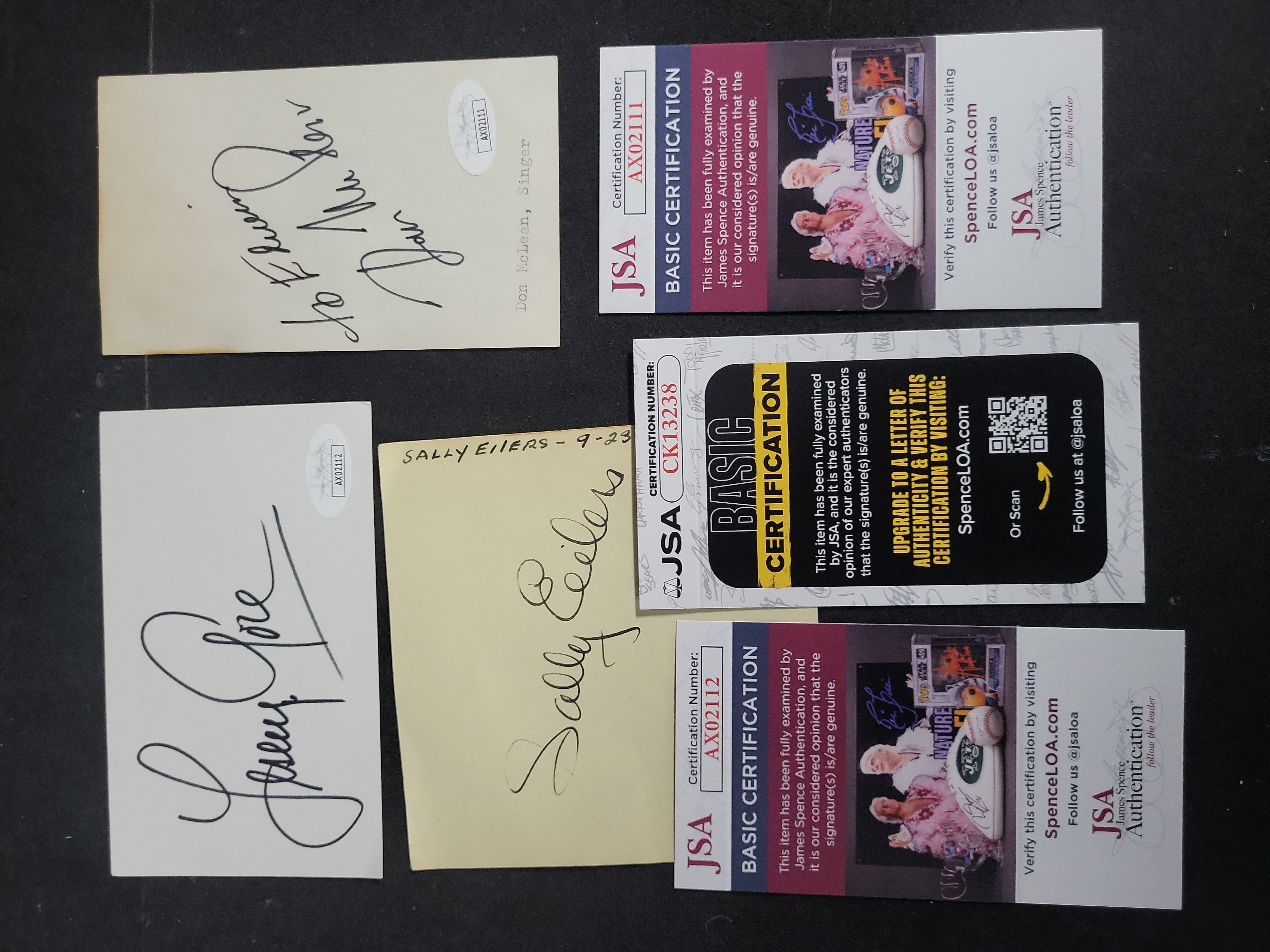 I03394 | Three Authenticated Autographs by Don McLean, Lesley Gore, and Sally Eilers