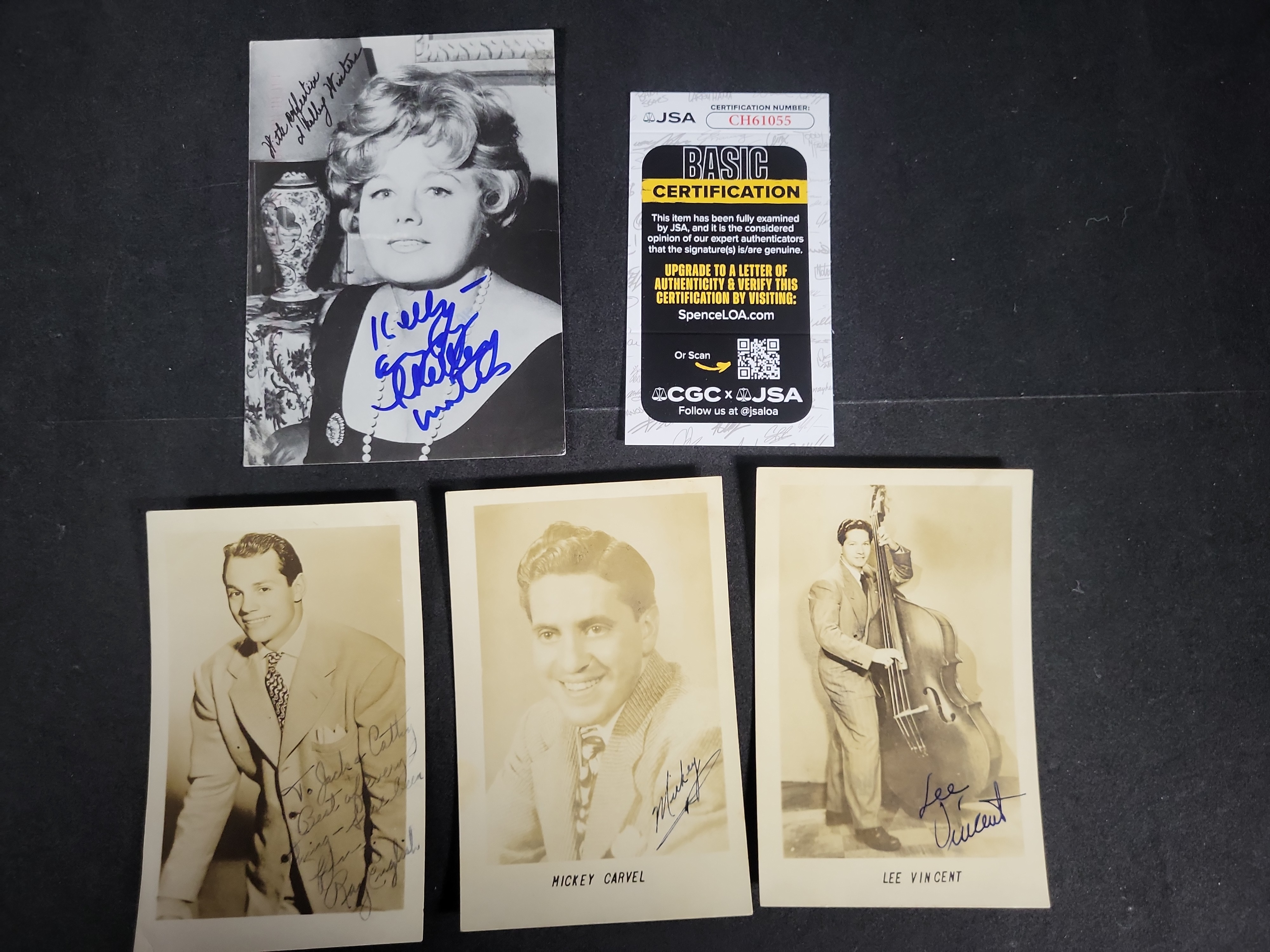 I03440 | Four Vintage Autographed Promotional Photos and Cards Including Shelley Winters with JSA COA