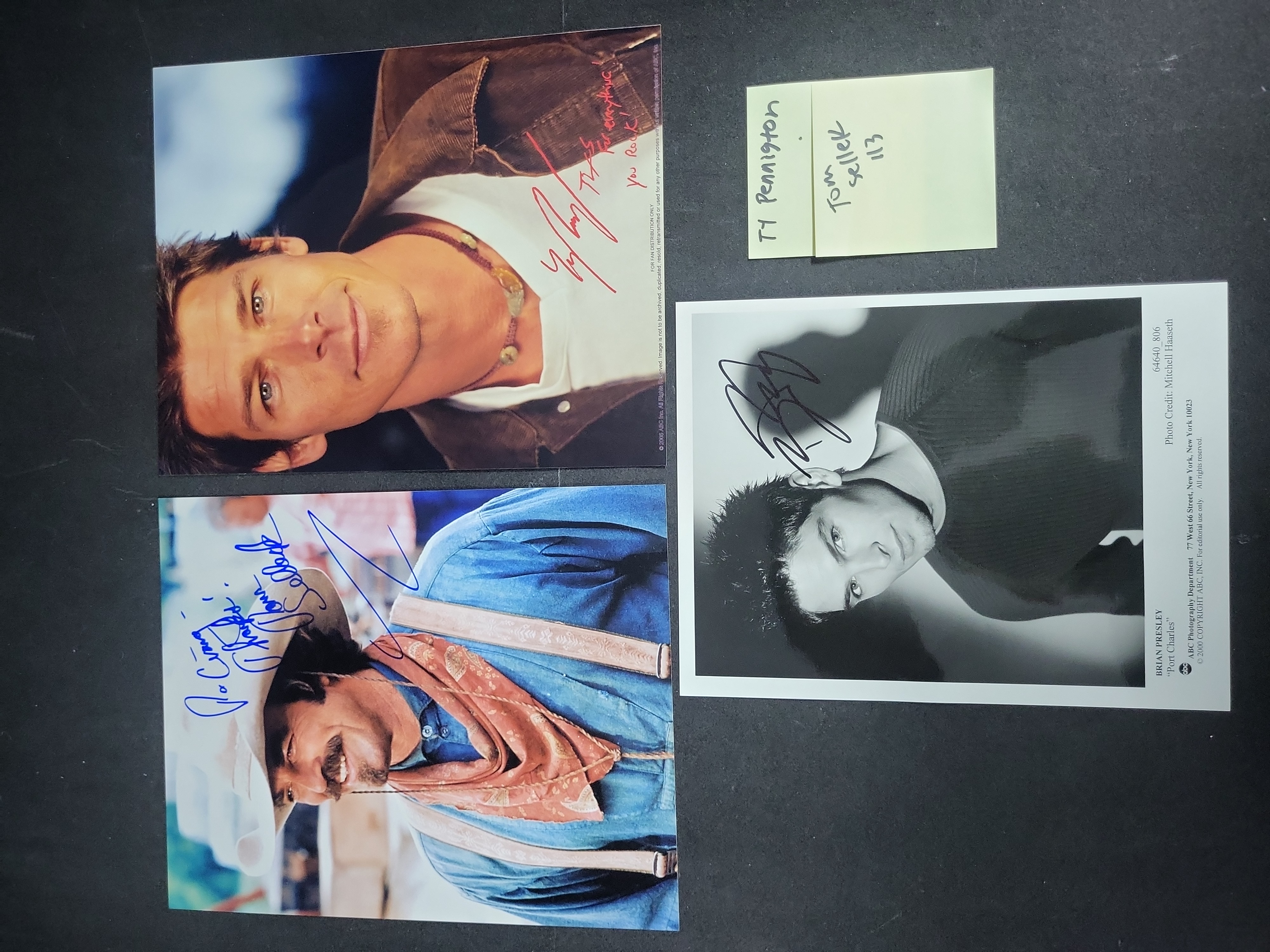 I03389 | Three Autographed Television and Film Publicity Photographs Featuring Ty Pennington, Tom Selleck, and Brian Presley