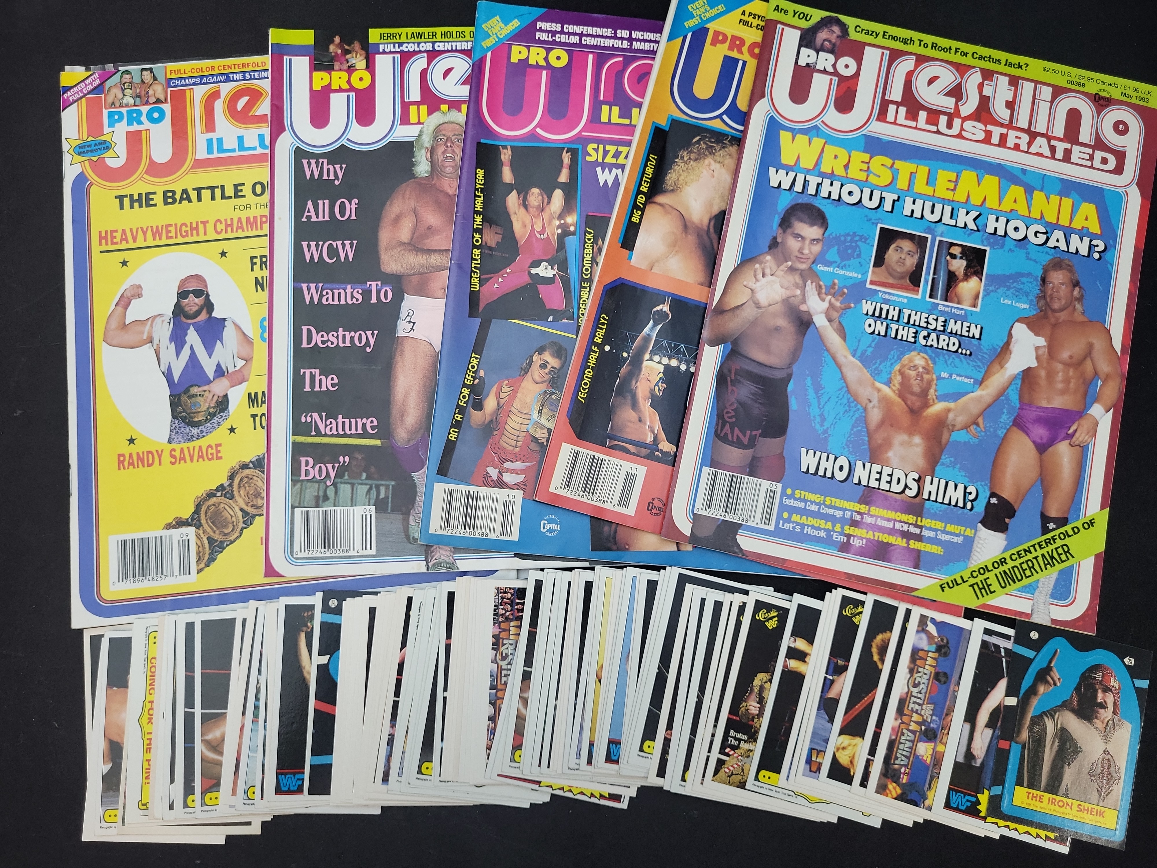I03658 | Five Vintage Pro Wrestling Illustrated Magazines and a Collection of WWF Trading Cards and Stickers