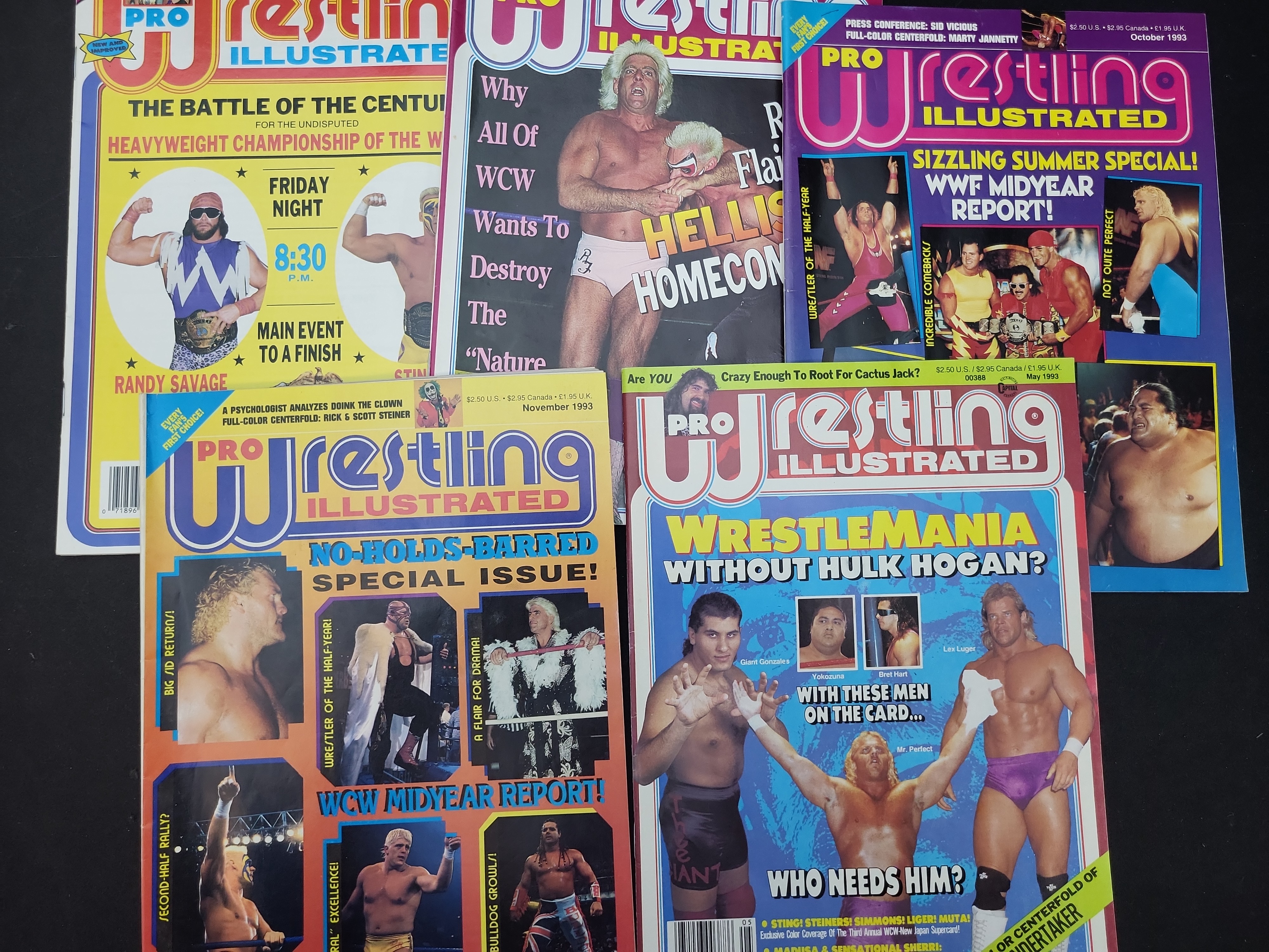 I03658 | Five Vintage Pro Wrestling Illustrated Magazines and a Collection of WWF Trading Cards and Stickers
