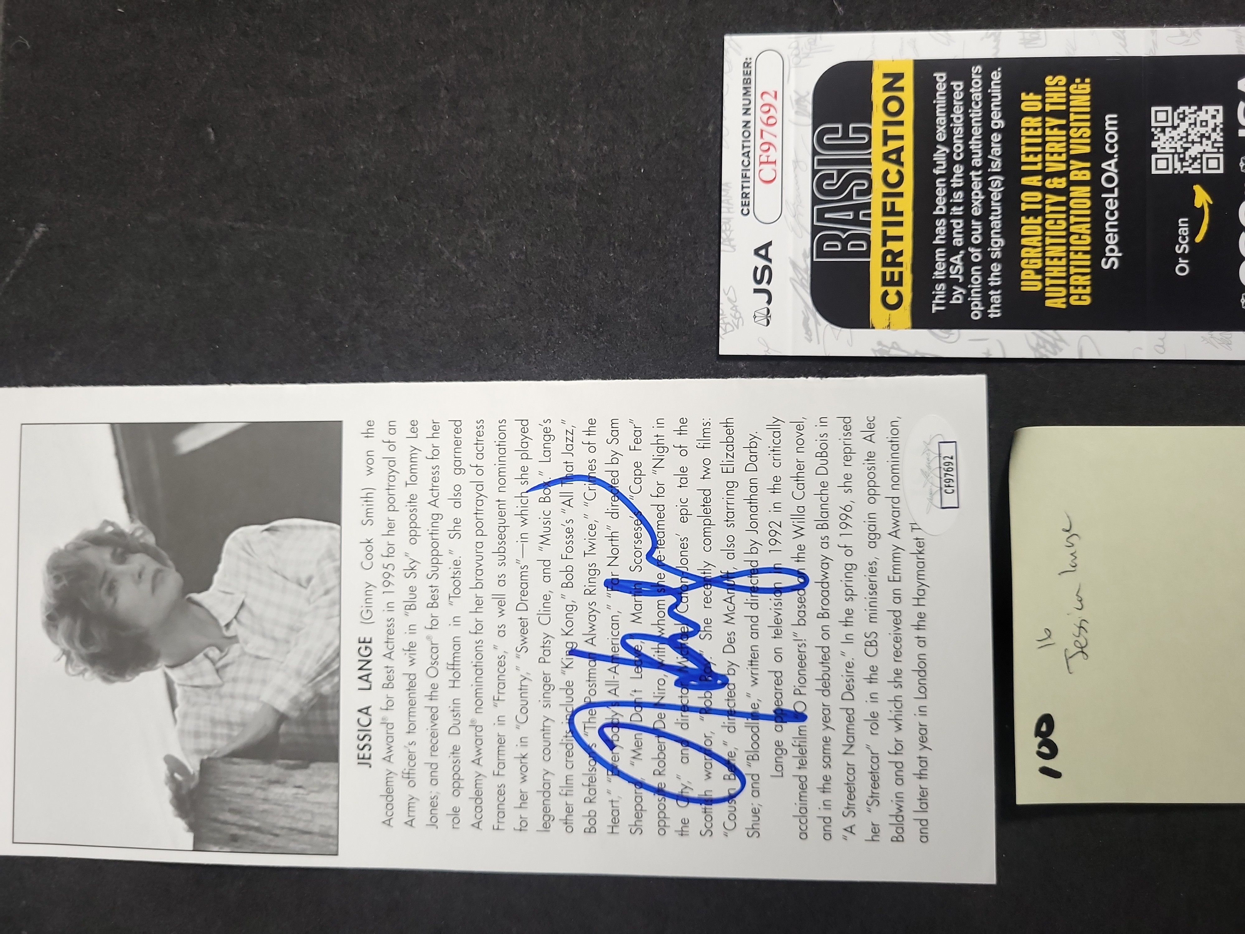 I03432 | Jessica Lange Autographed Biographical Card with JSA COA