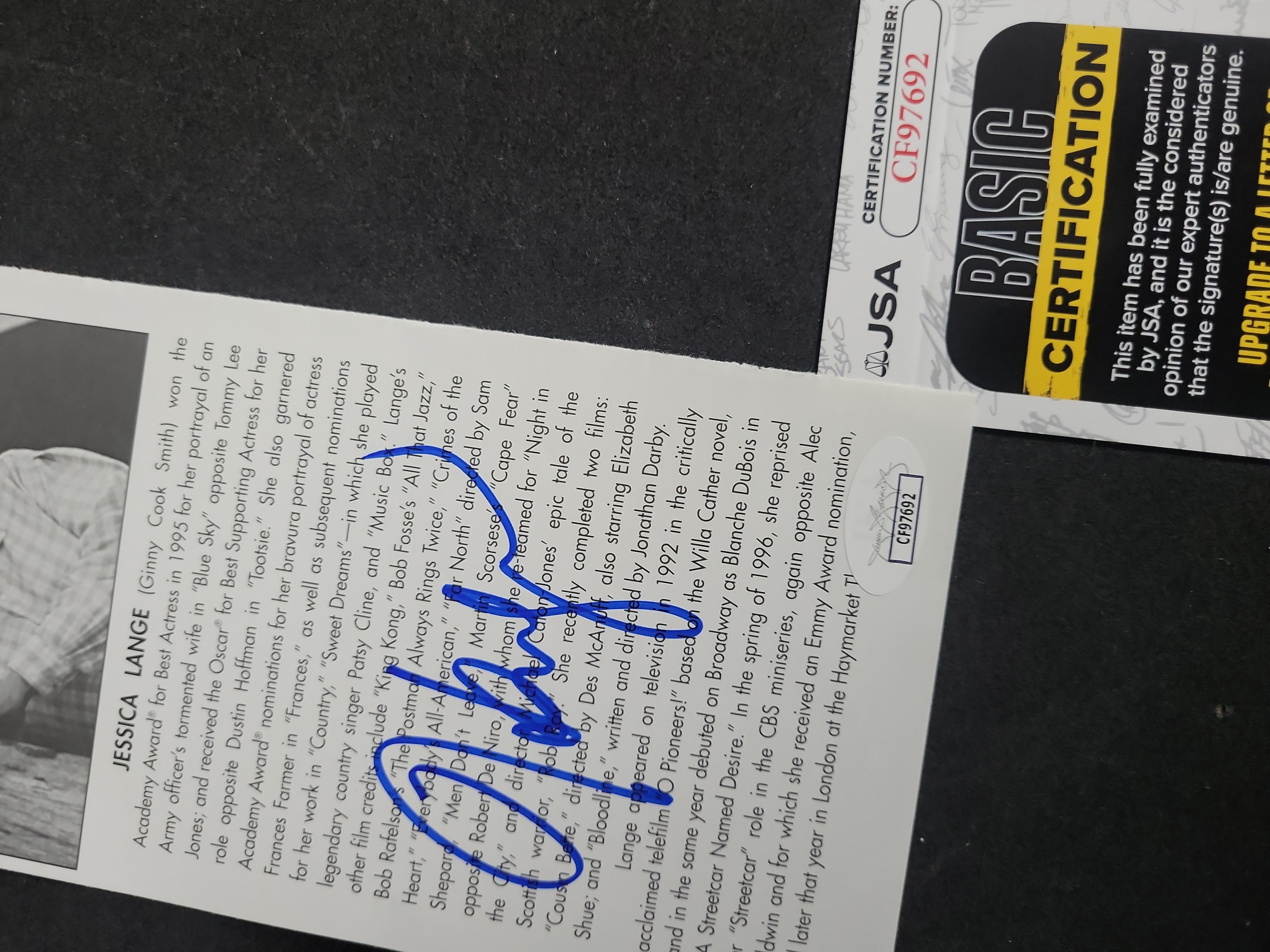 I03432 | Jessica Lange Autographed Biographical Card with JSA COA
