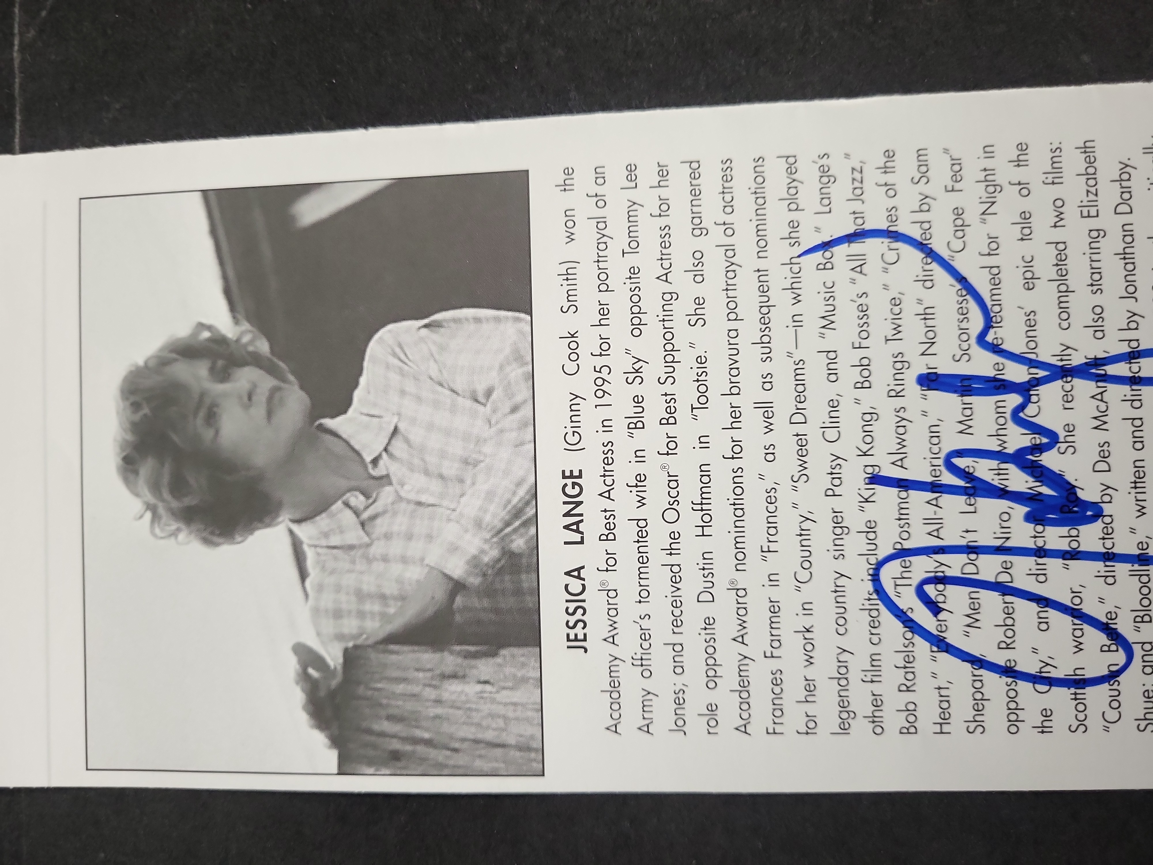 I03432 | Jessica Lange Autographed Biographical Card with JSA COA