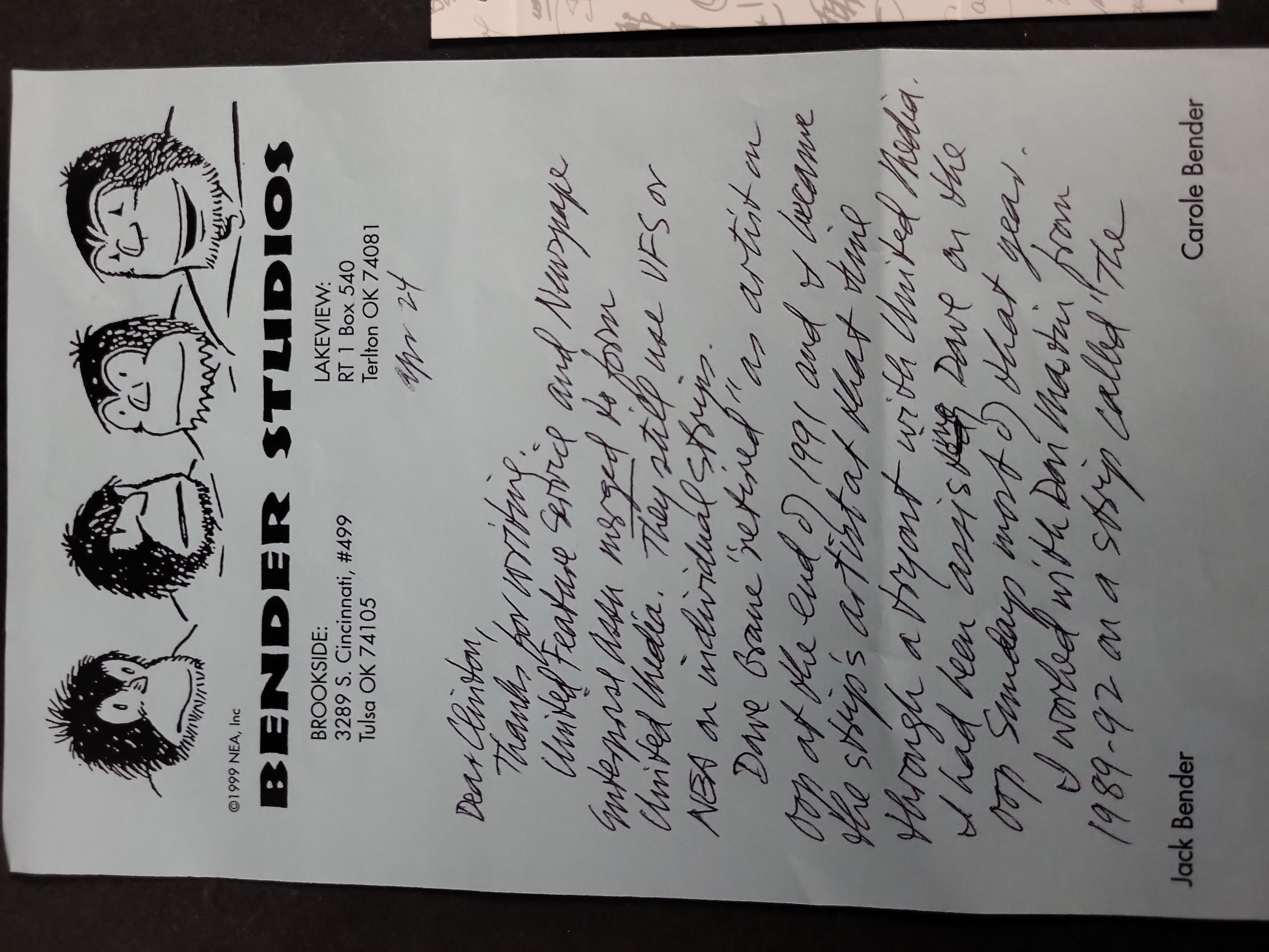 I03436 | Jack Bender Autographed Letter on Bender Studios Letterhead with JSA Certification