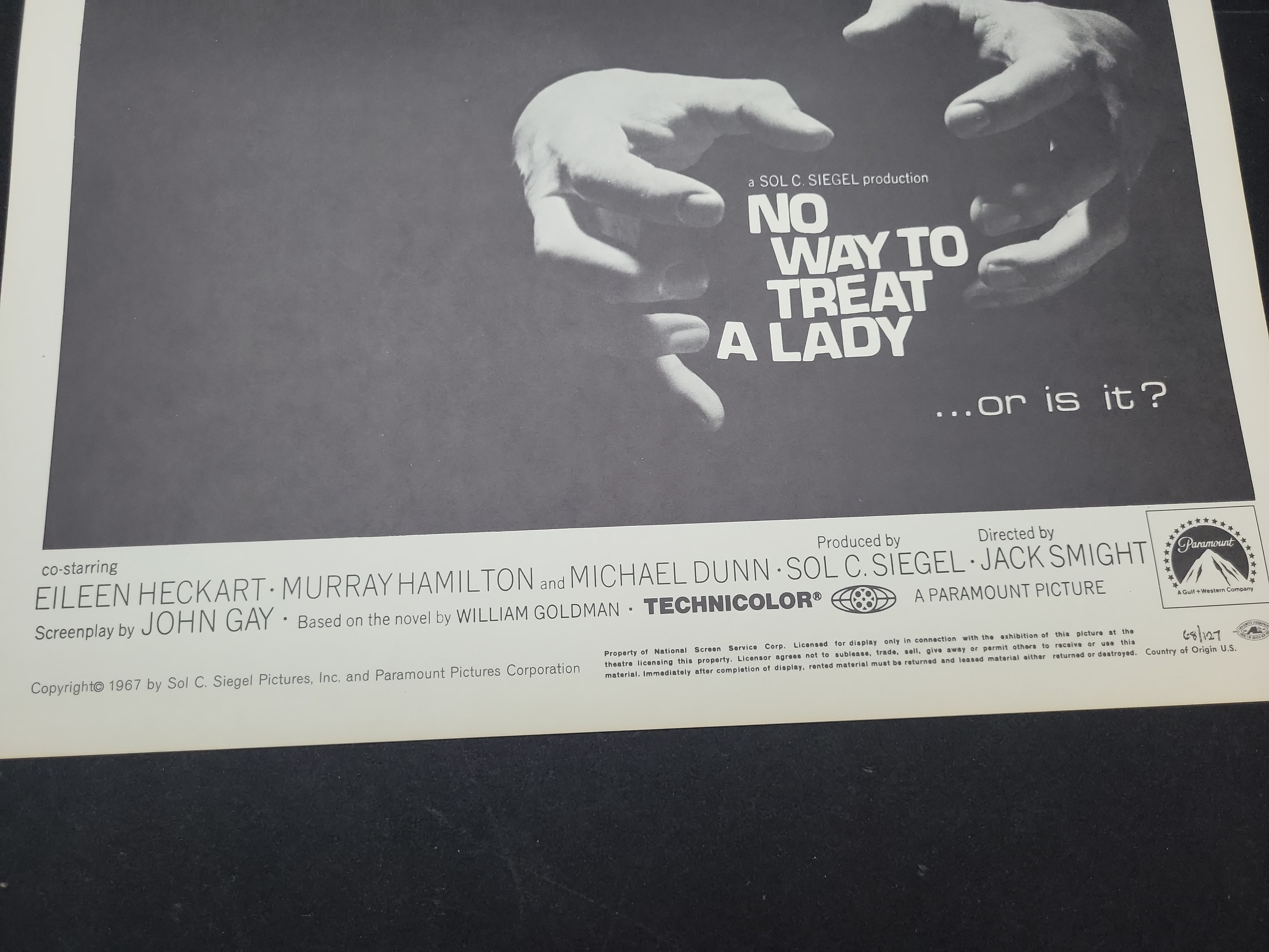I03345 | US Half-Sheet Movie Poster for No Way to Treat a Lady (Paramount, 1968)