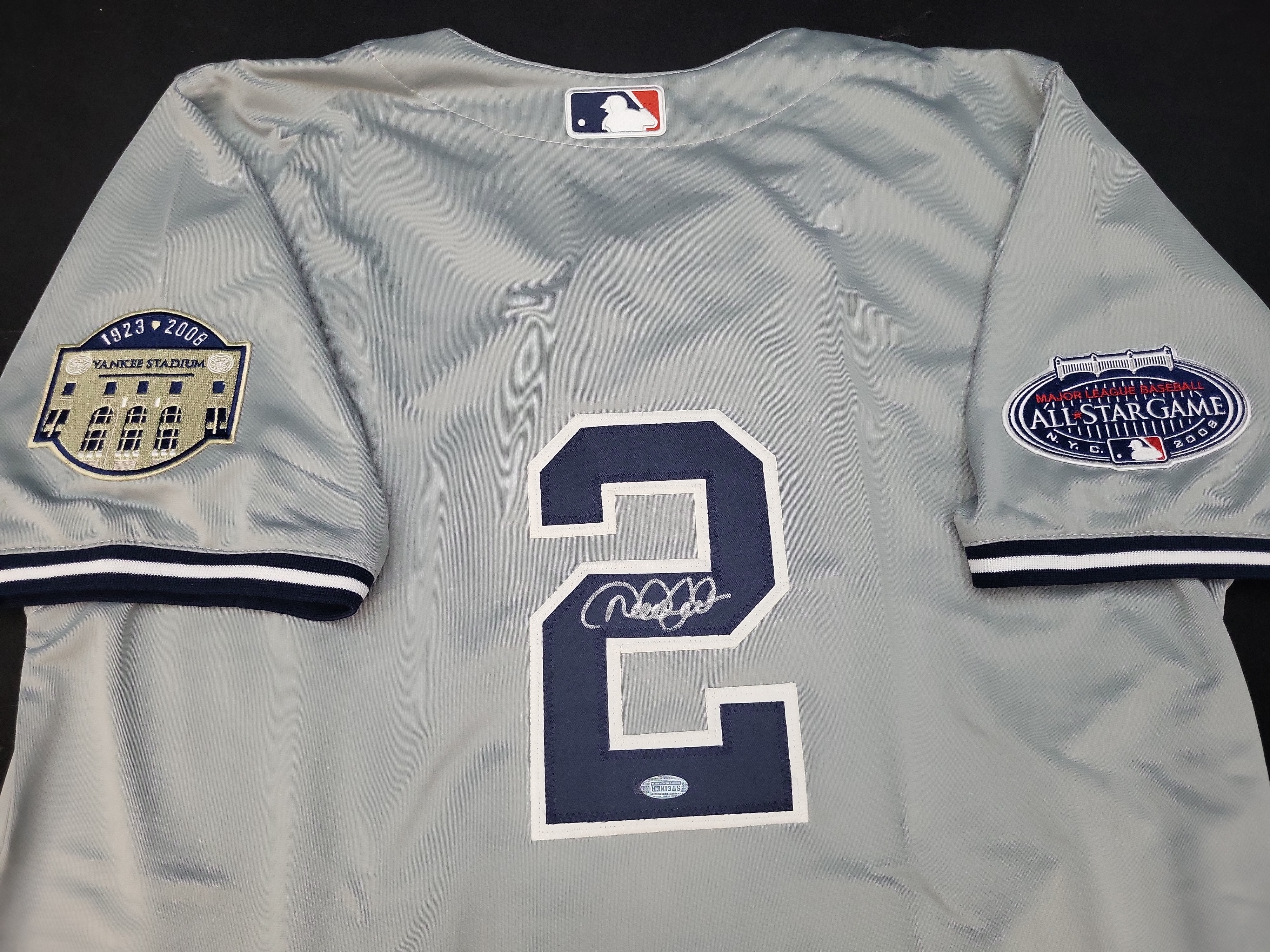 I03858 | Derek Jeter Signed New York Yankees 2008 Road Jersey with Commemorative Patches and Steiner Authentication