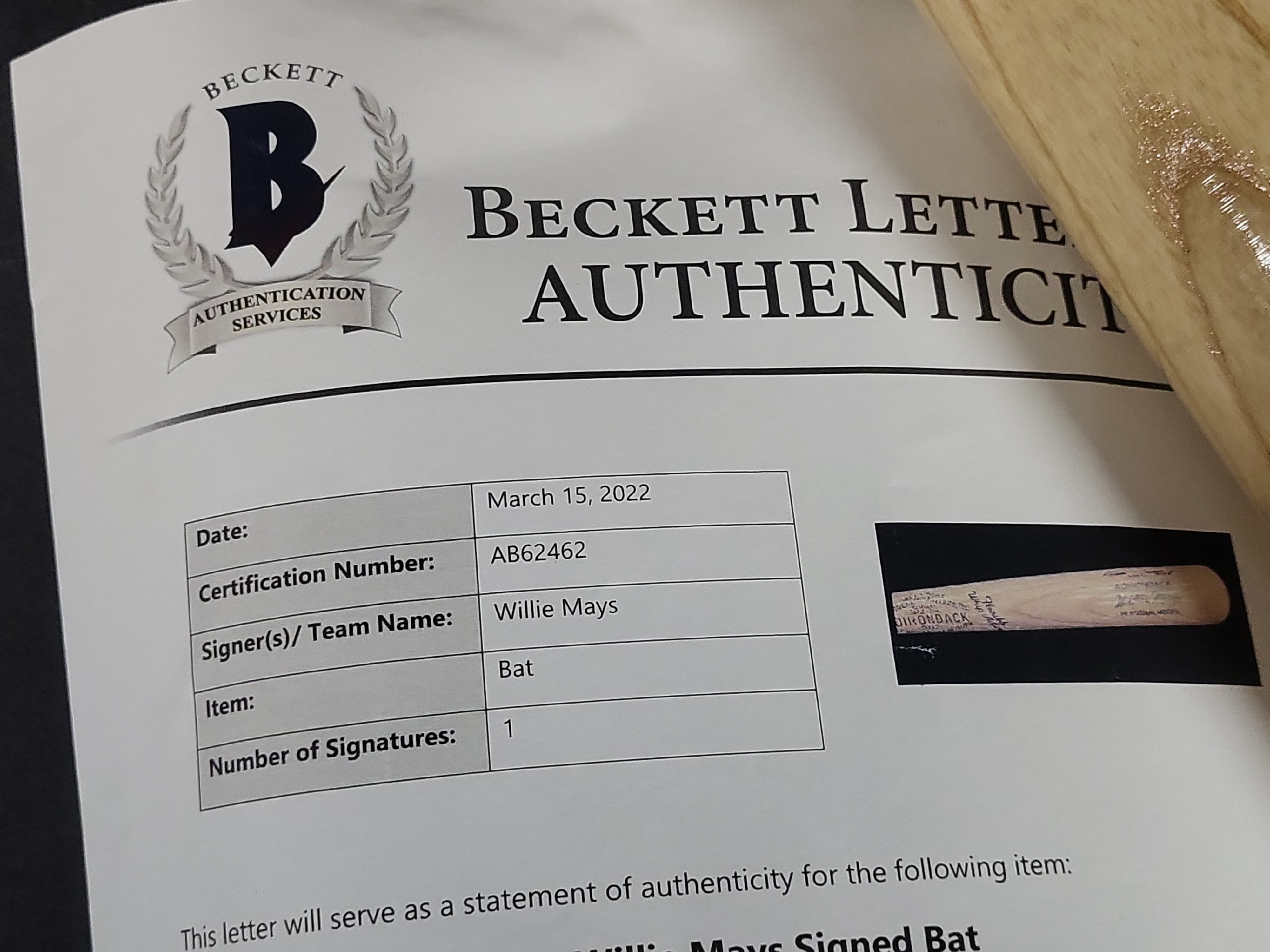 I03113 | Willie Mays Autographed Adirondack Personal Model Baseball Bat with Beckett Letter of Authenticity