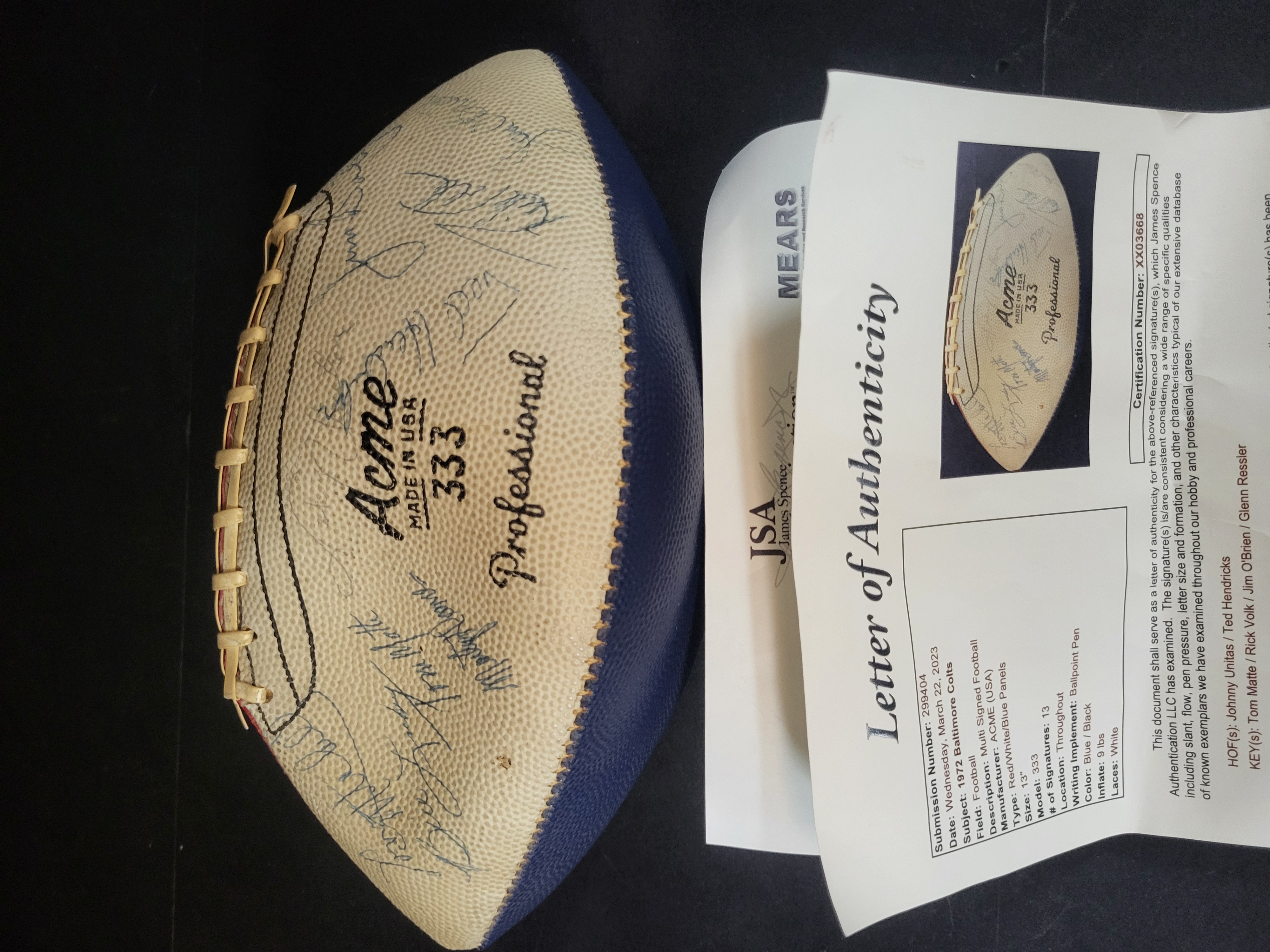I03091 | 1972 Baltimore Colts Multi-Signed Acme 333 Professional Football with JSA LOA Including Johnny Unitas and Ted Hendricks