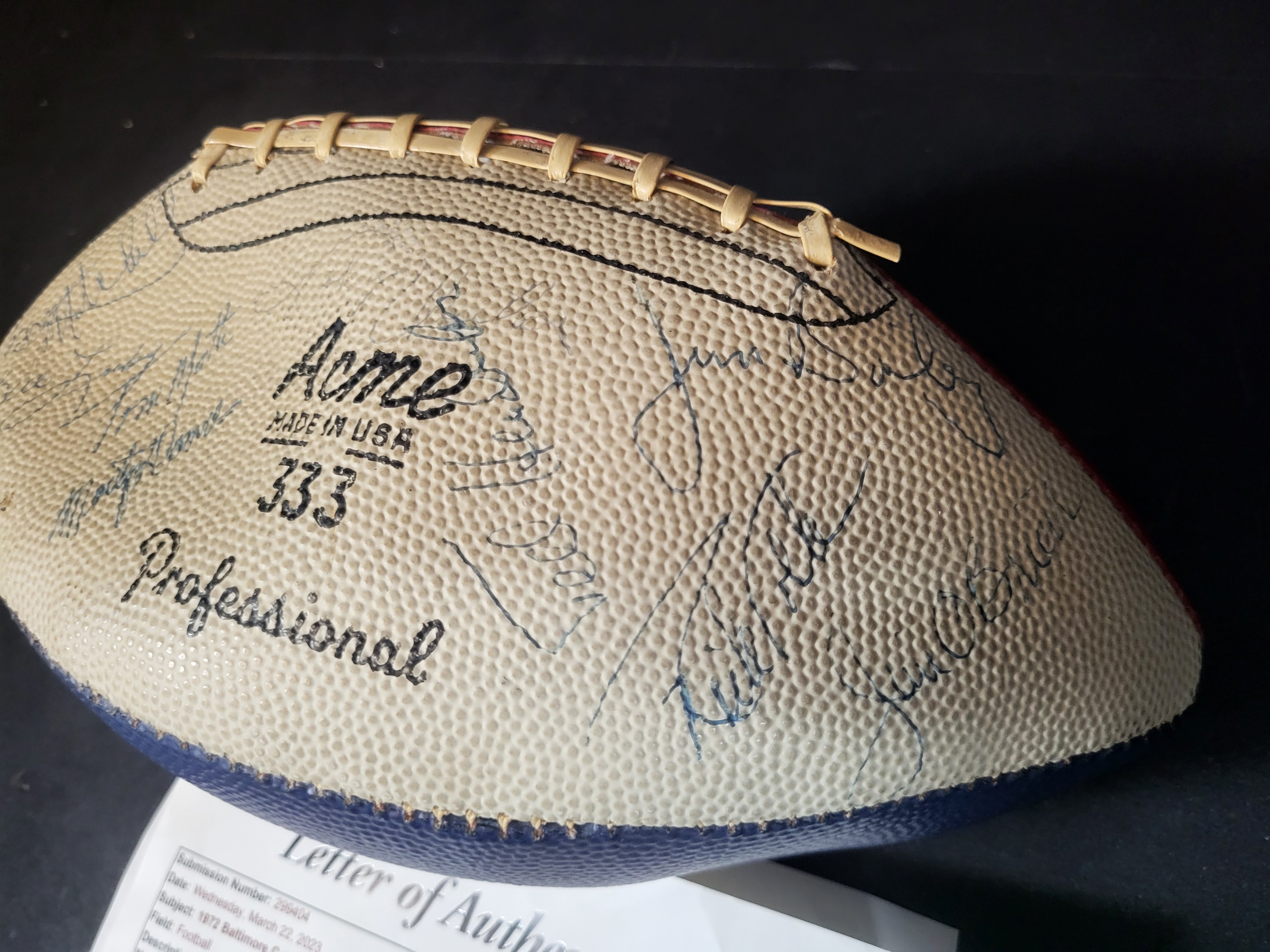 I03091 | 1972 Baltimore Colts Multi-Signed Acme 333 Professional Football with JSA LOA Including Johnny Unitas and Ted Hendricks