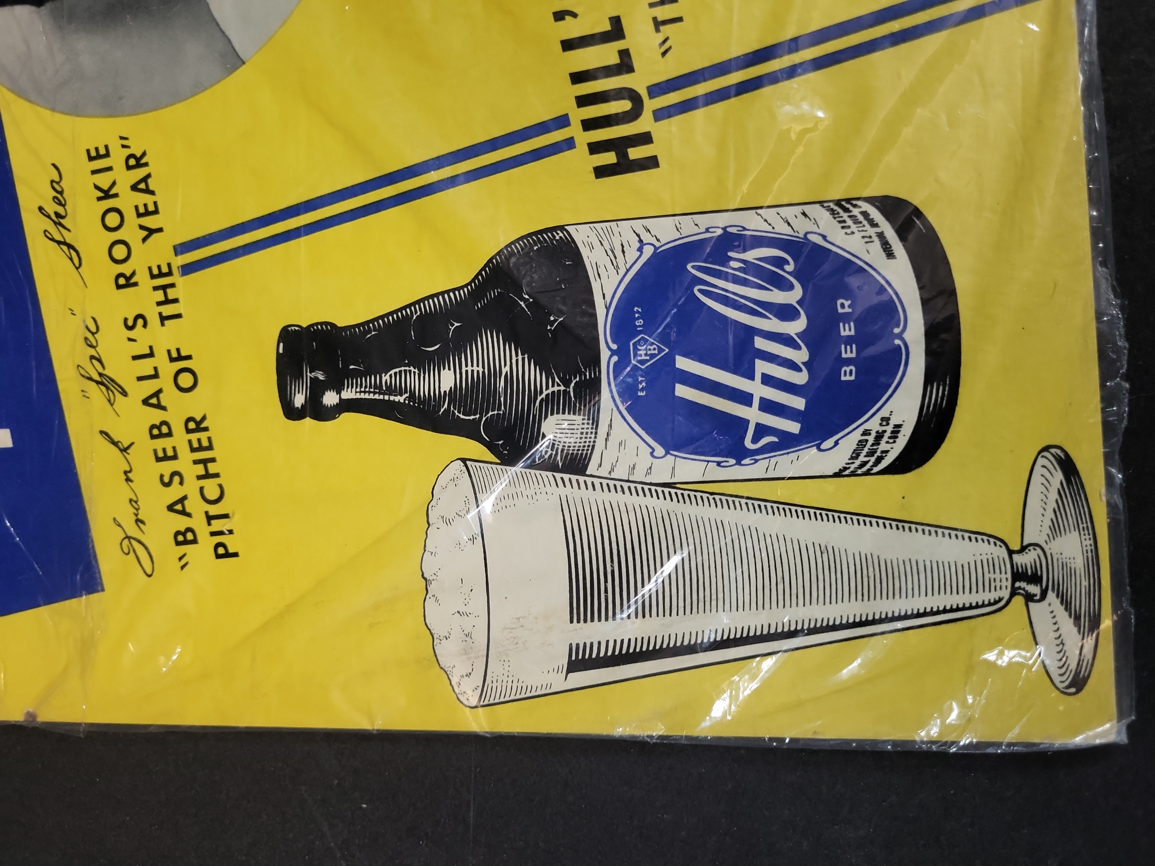 I03269 | Vintage Hulls Famous Beer Frank Spec Shea Cardboard Easel Back Advertising Sign