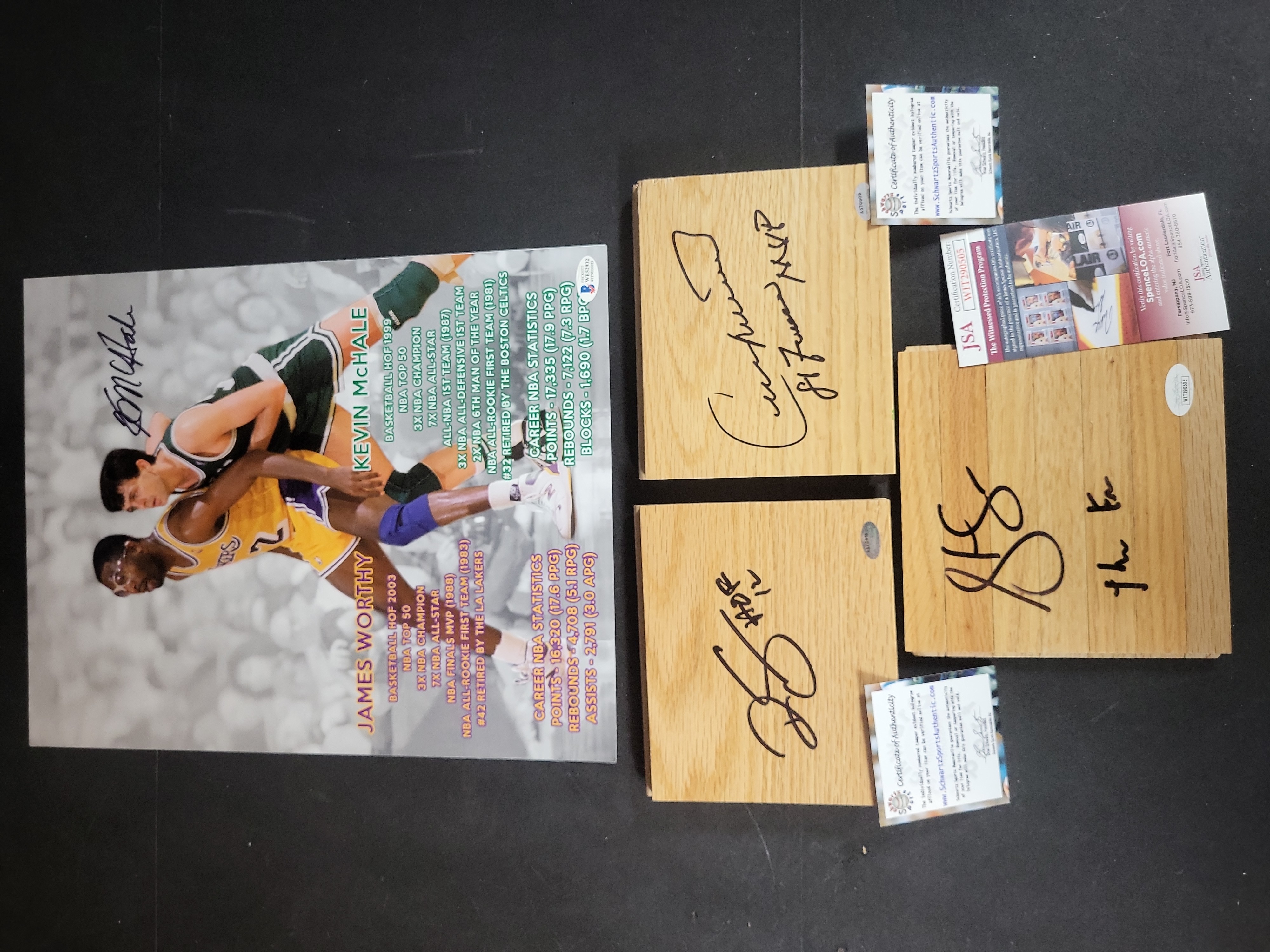 I03107 | A Collection of Signed and Authenticated NBA Memorabilia Including a Commemorative Poster and Floor Segments