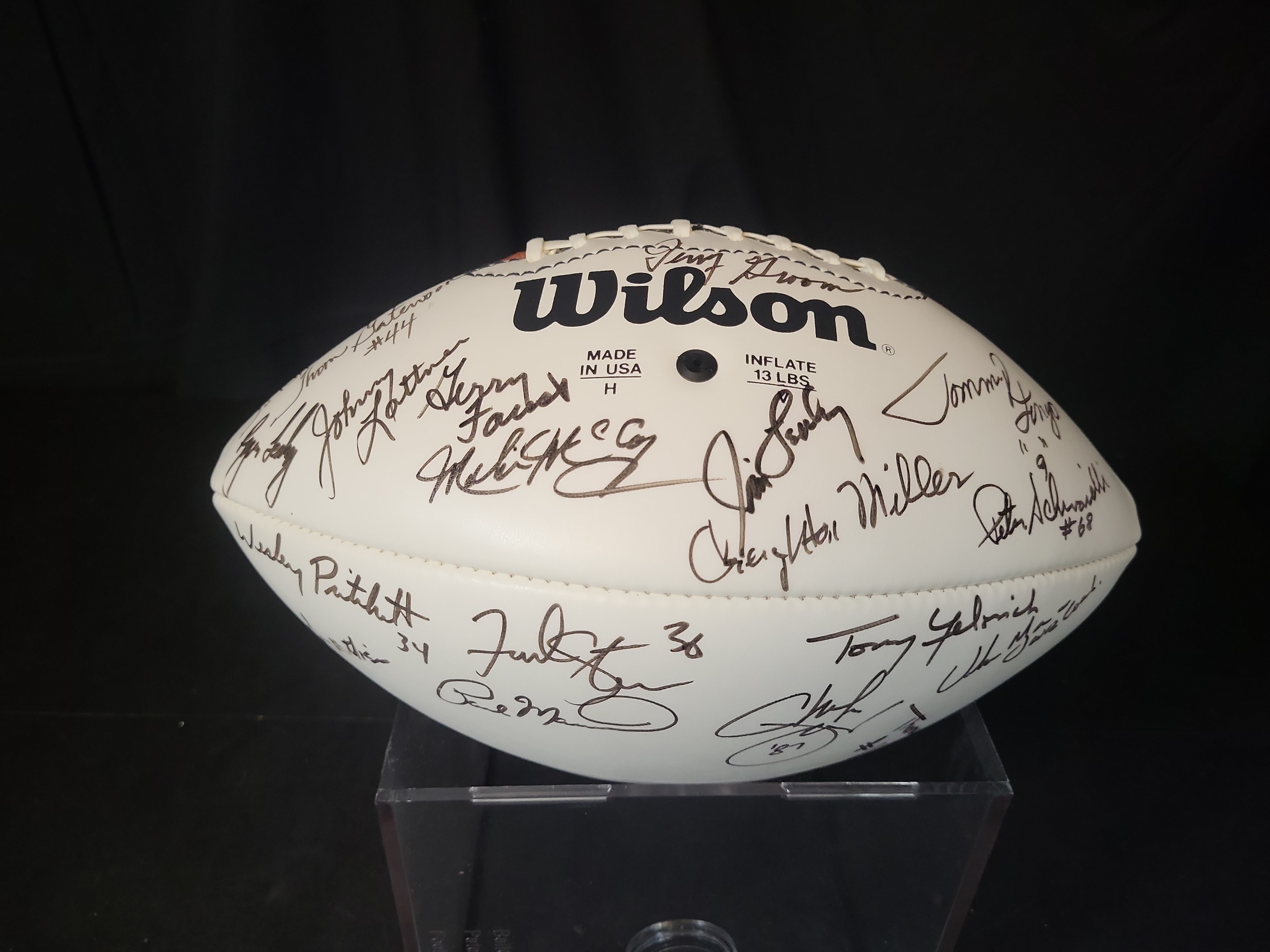 I03063 | Notre Dame Legends Multi-Signed Wilson Official NFL Football featuring Johnny Lattner and Urban Meyer