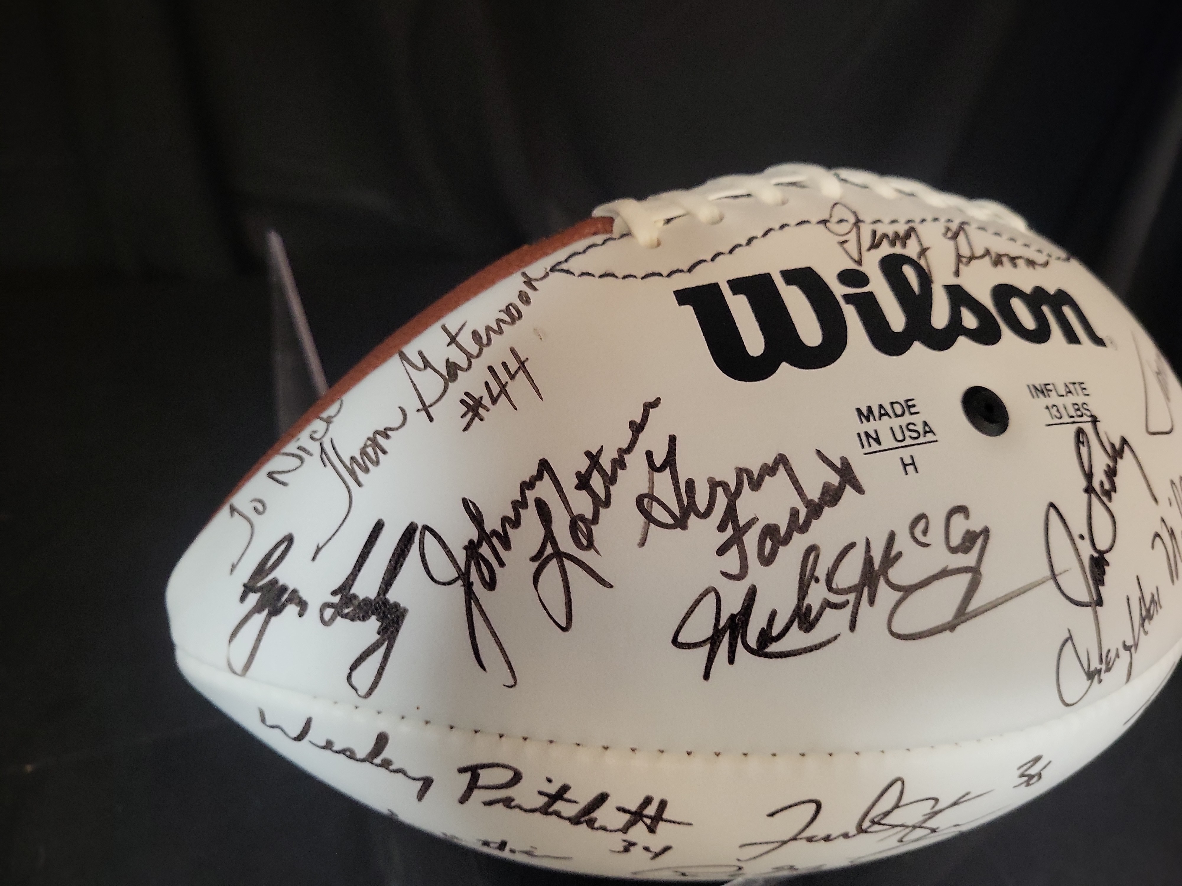 I03063 | Notre Dame Legends Multi-Signed Wilson Official NFL Football featuring Johnny Lattner and Urban Meyer