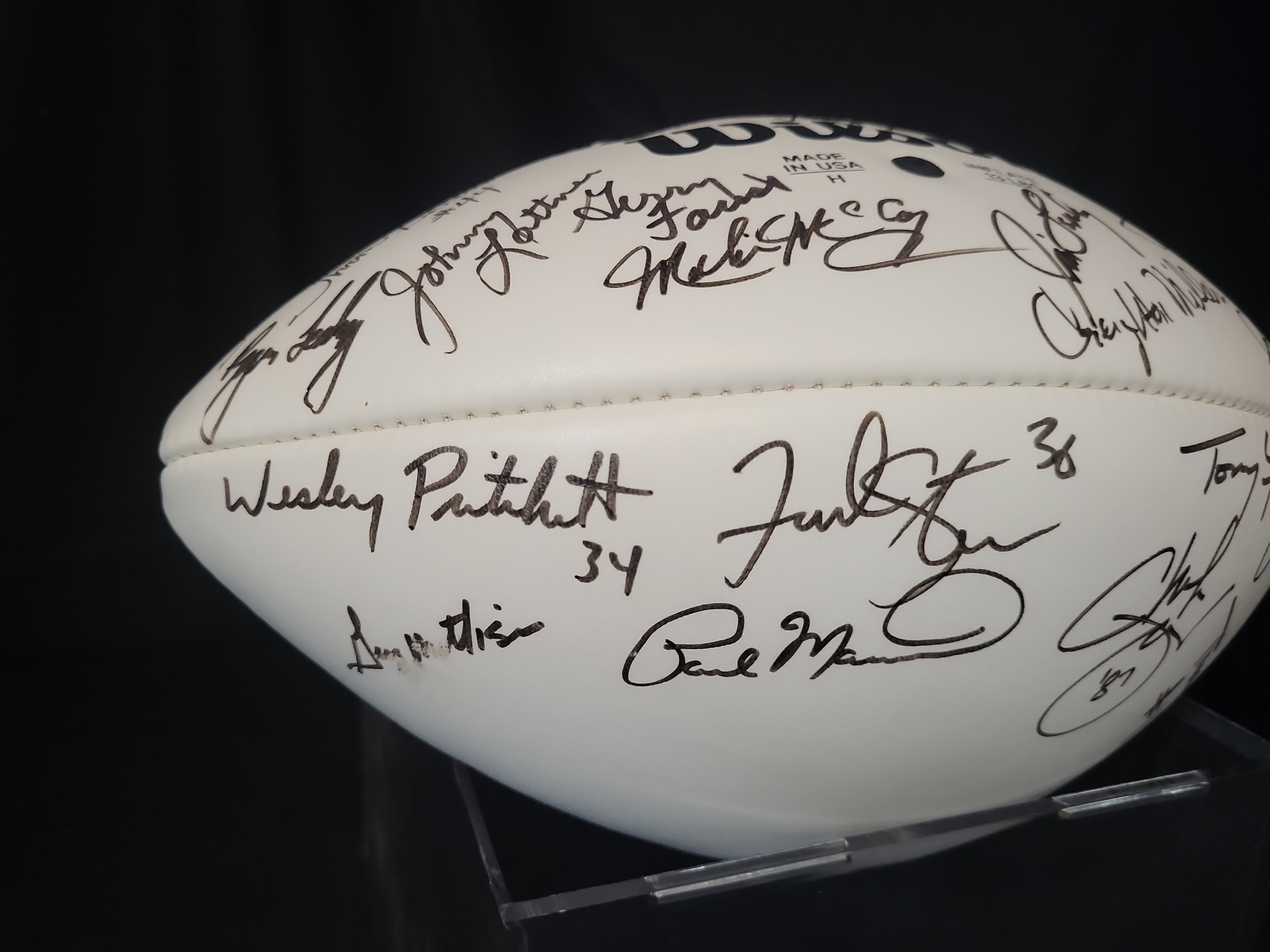 I03063 | Notre Dame Legends Multi-Signed Wilson Official NFL Football featuring Johnny Lattner and Urban Meyer