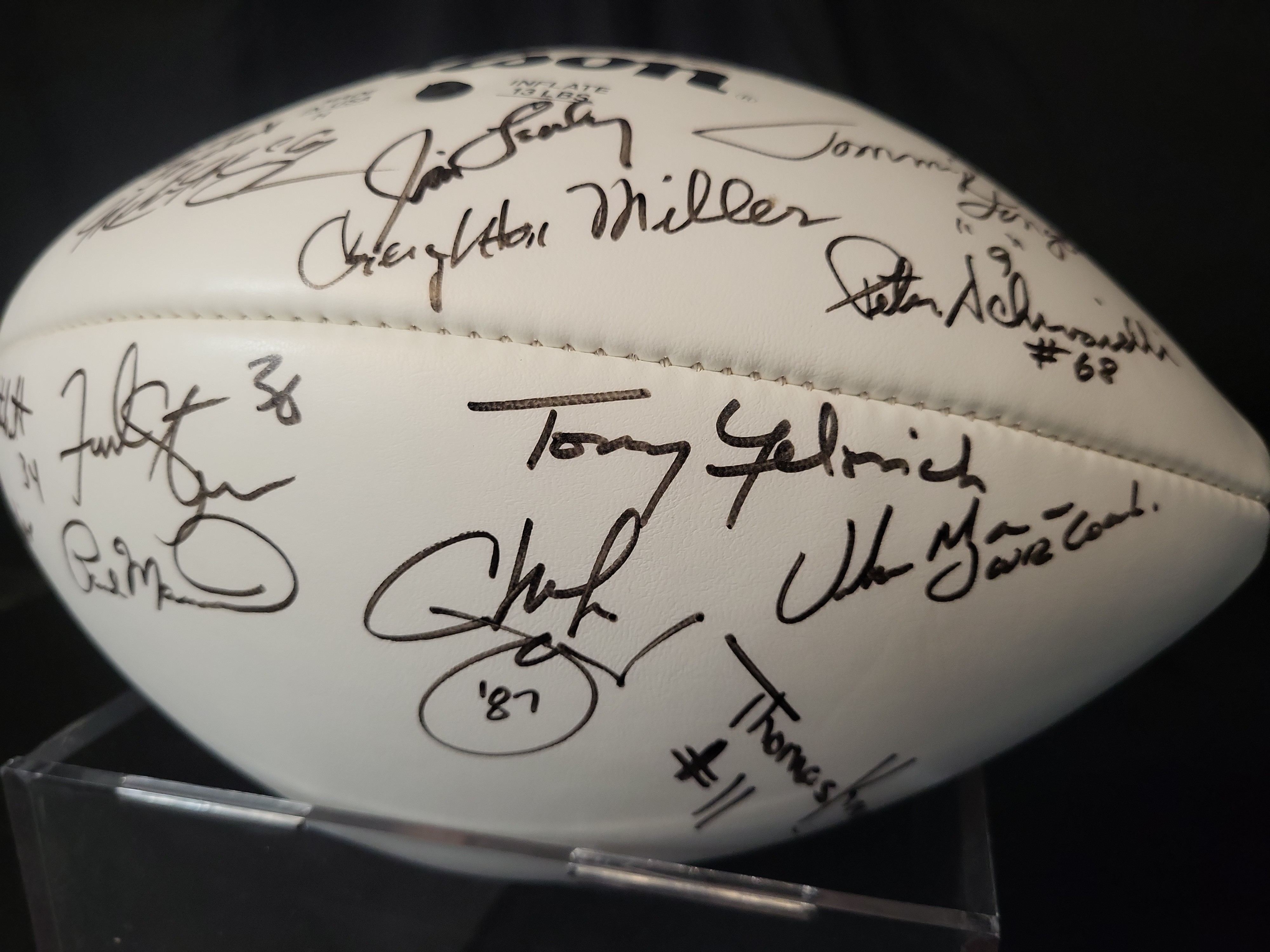 I03063 | Notre Dame Legends Multi-Signed Wilson Official NFL Football featuring Johnny Lattner and Urban Meyer