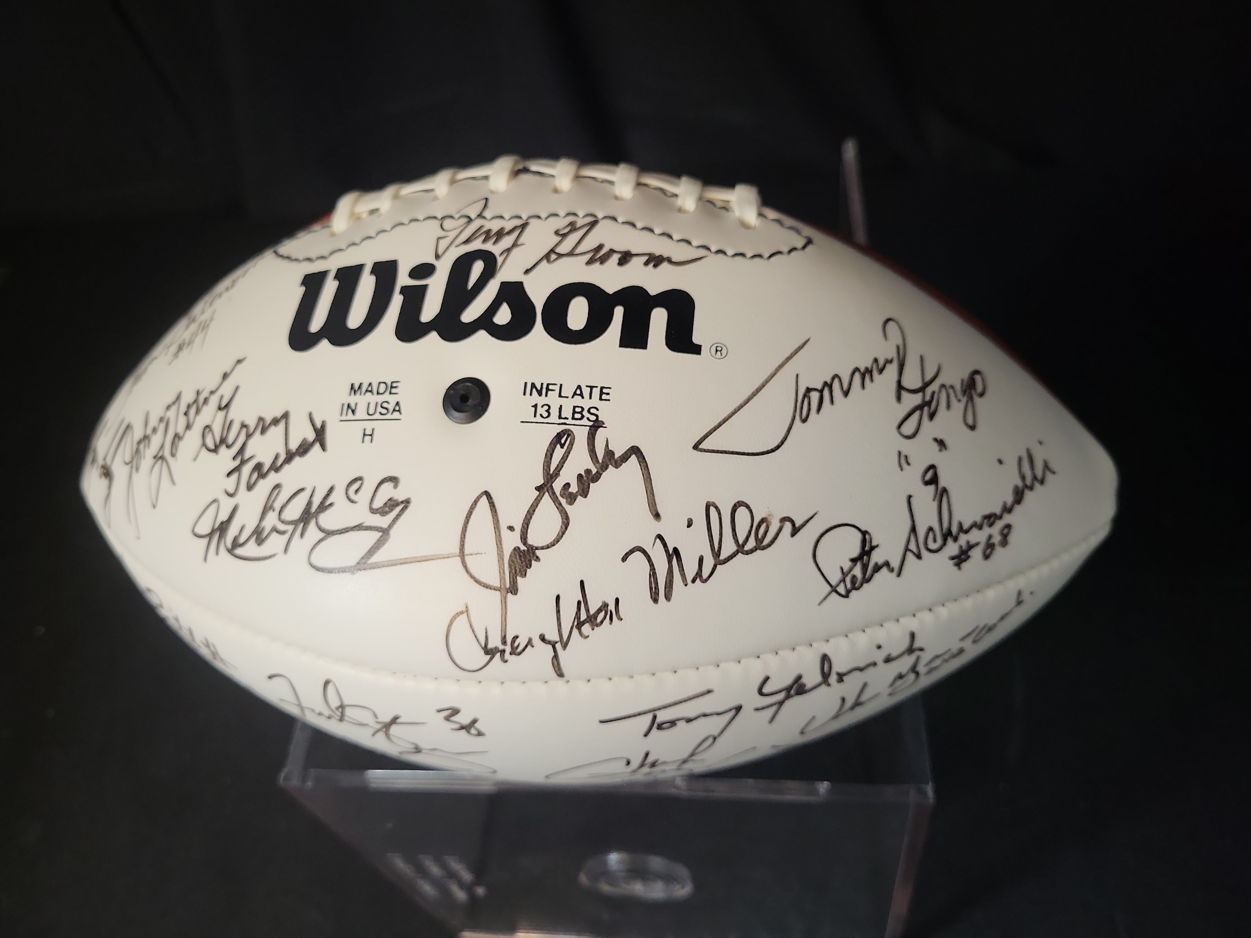 I03063 | Notre Dame Legends Multi-Signed Wilson Official NFL Football featuring Johnny Lattner and Urban Meyer