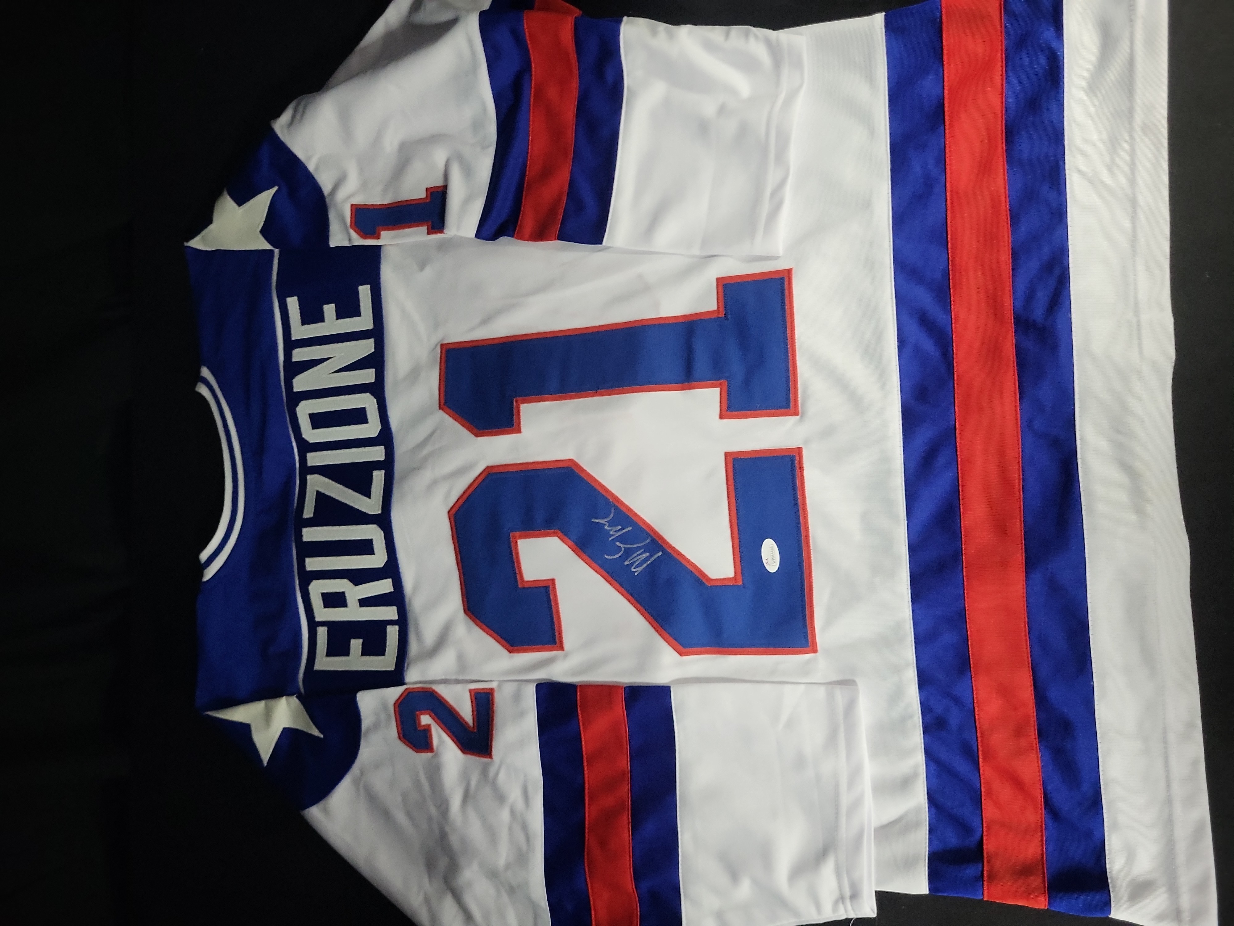 I03558 | Mike Eruzione Signed 1980 Team USA Miracle on Ice Style Replica Hockey Jersey JSA Authenticated