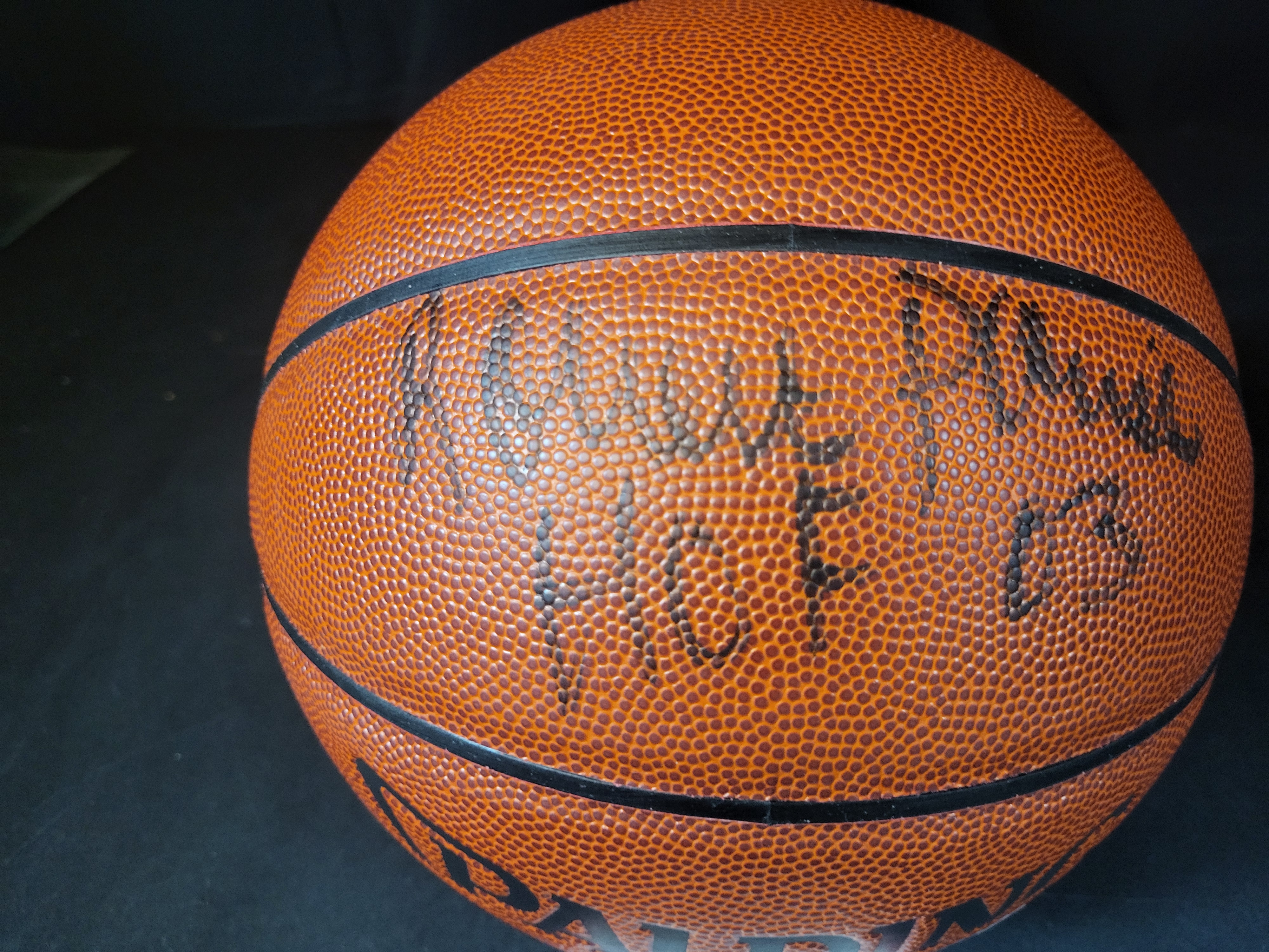 I03087 | Robert Parish Autographed Spalding Indoor Outdoor Basketball with HOF 03 Inscription and Dual Authentication