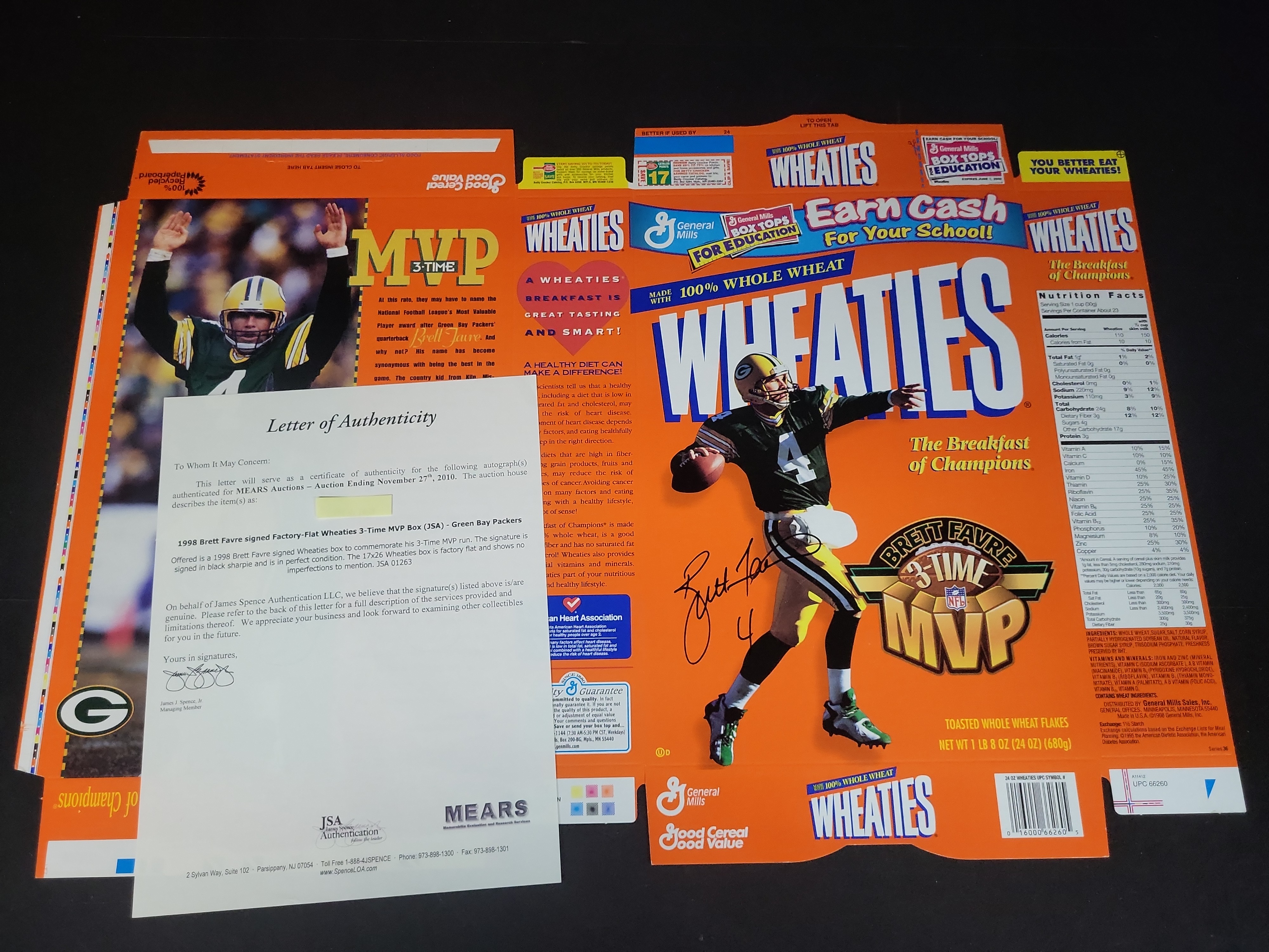 I03117 | 1998 Brett Favre Signed Factory-Flat Wheaties 3-Time MVP Cereal Box with JSA LOA