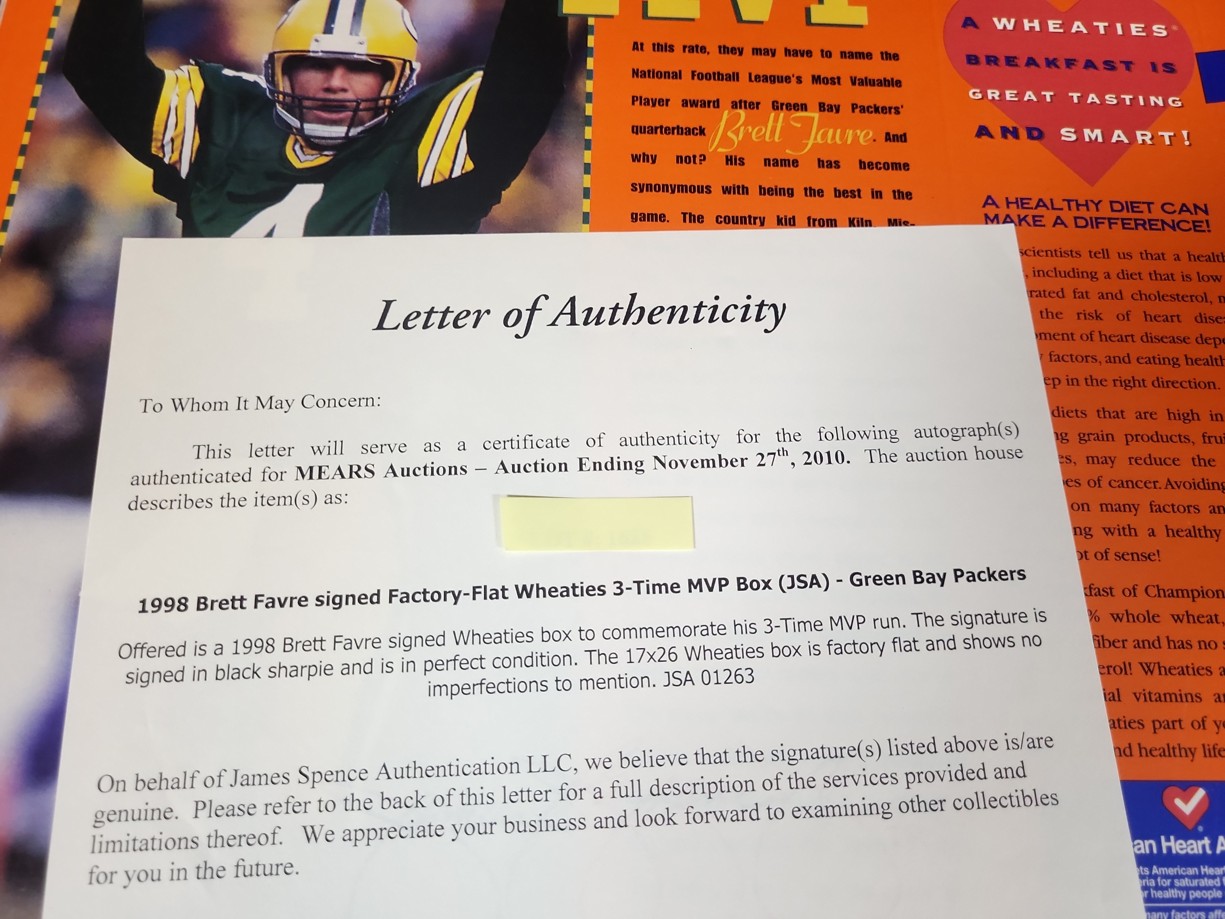 I03117 | 1998 Brett Favre Signed Factory-Flat Wheaties 3-Time MVP Cereal Box with JSA LOA