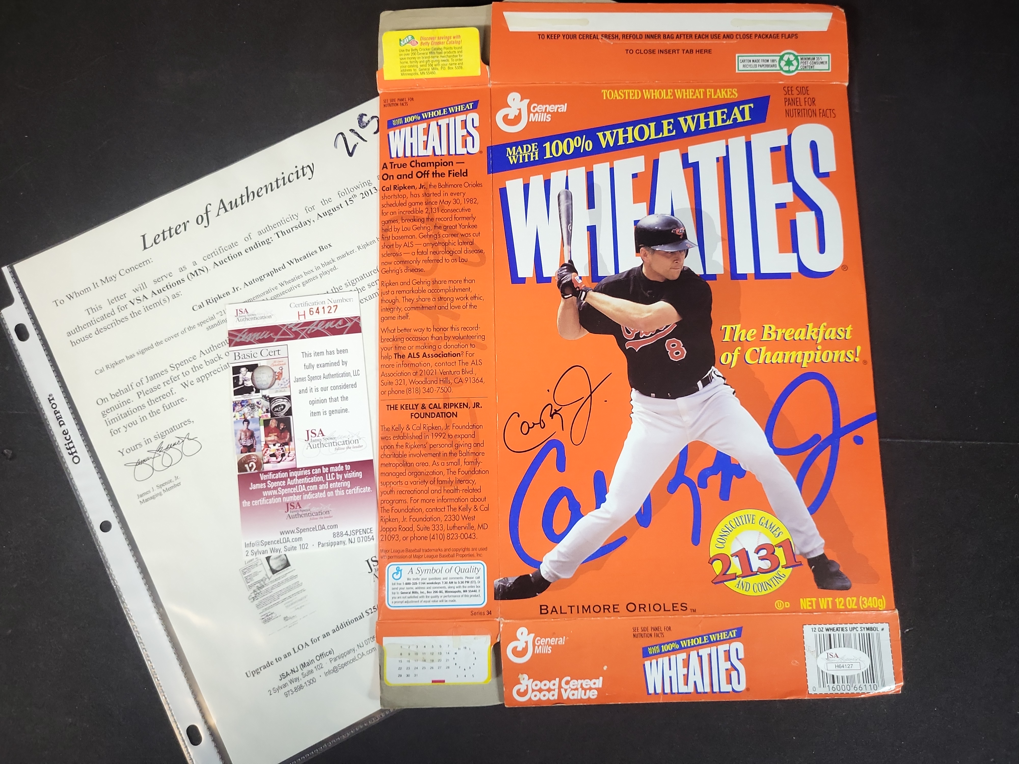 I03121 | Cal Ripken Jr. Autographed Baltimore Orioles 2131 Consecutive Games Commemorative Wheaties Box Cover with JSA Authentication