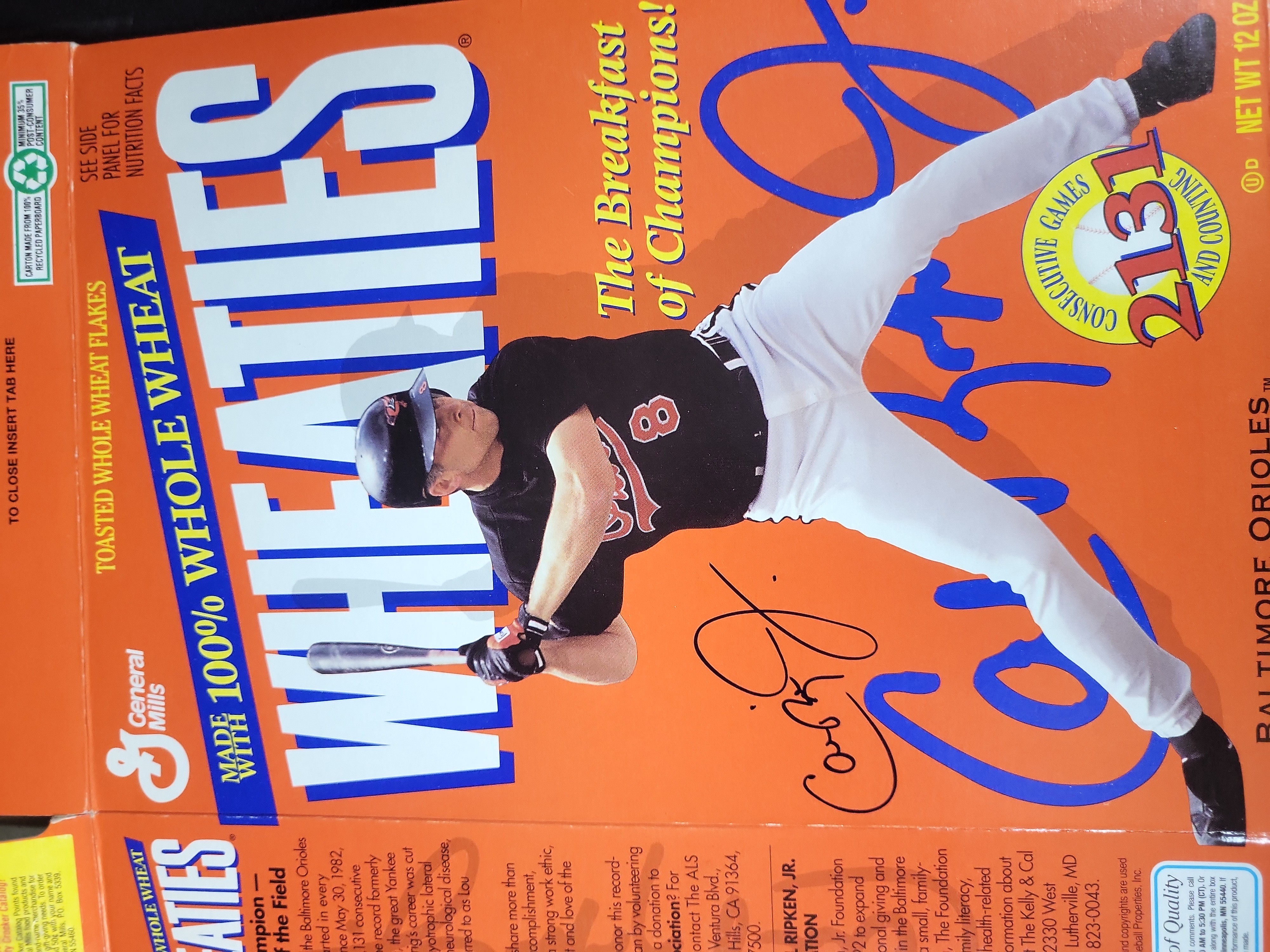 I03121 | Cal Ripken Jr. Autographed Baltimore Orioles 2131 Consecutive Games Commemorative Wheaties Box Cover with JSA Authentication