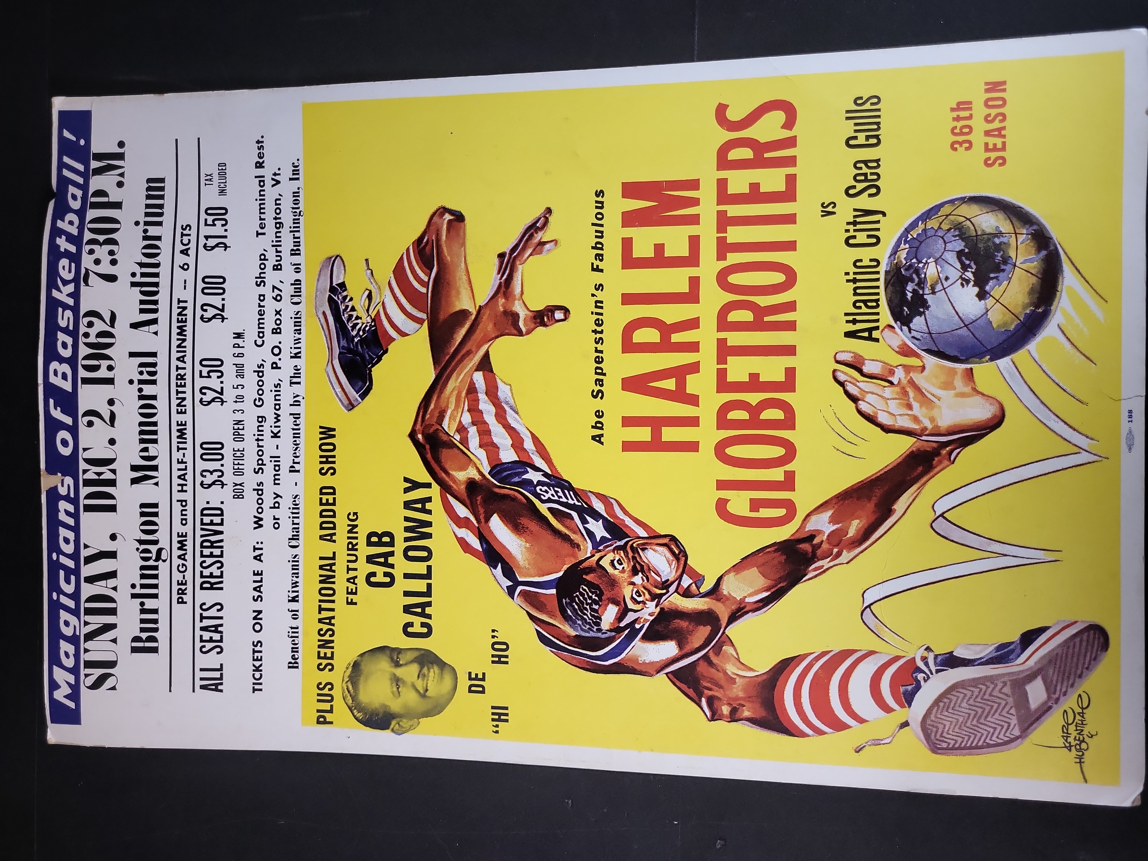 I03270 | 1962 Harlem Globetrotters Burlington Vermont Promotional Broadside Poster Featuring Cab Calloway