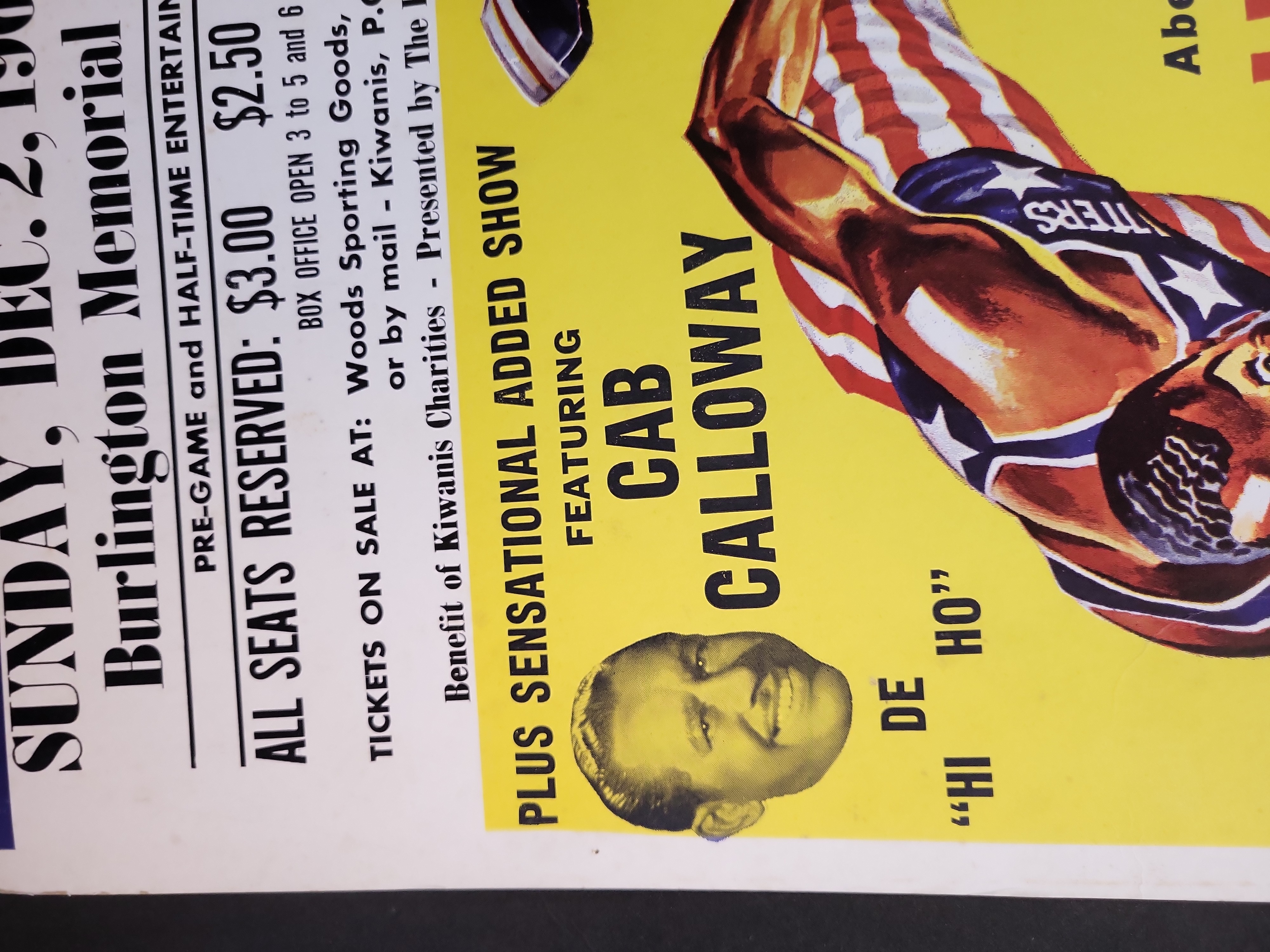 I03270 | 1962 Harlem Globetrotters Burlington Vermont Promotional Broadside Poster Featuring Cab Calloway