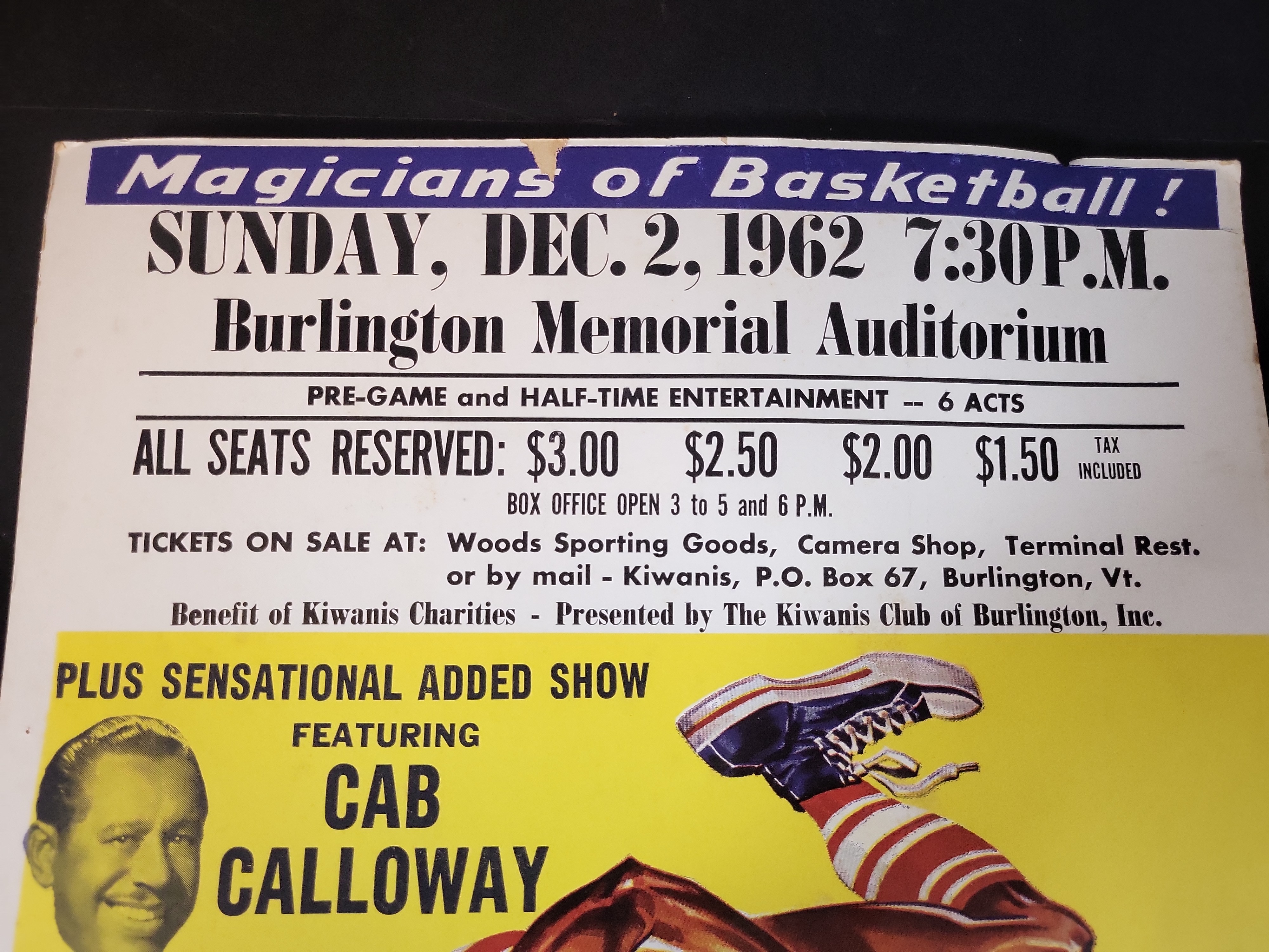 I03270 | 1962 Harlem Globetrotters Burlington Vermont Promotional Broadside Poster Featuring Cab Calloway