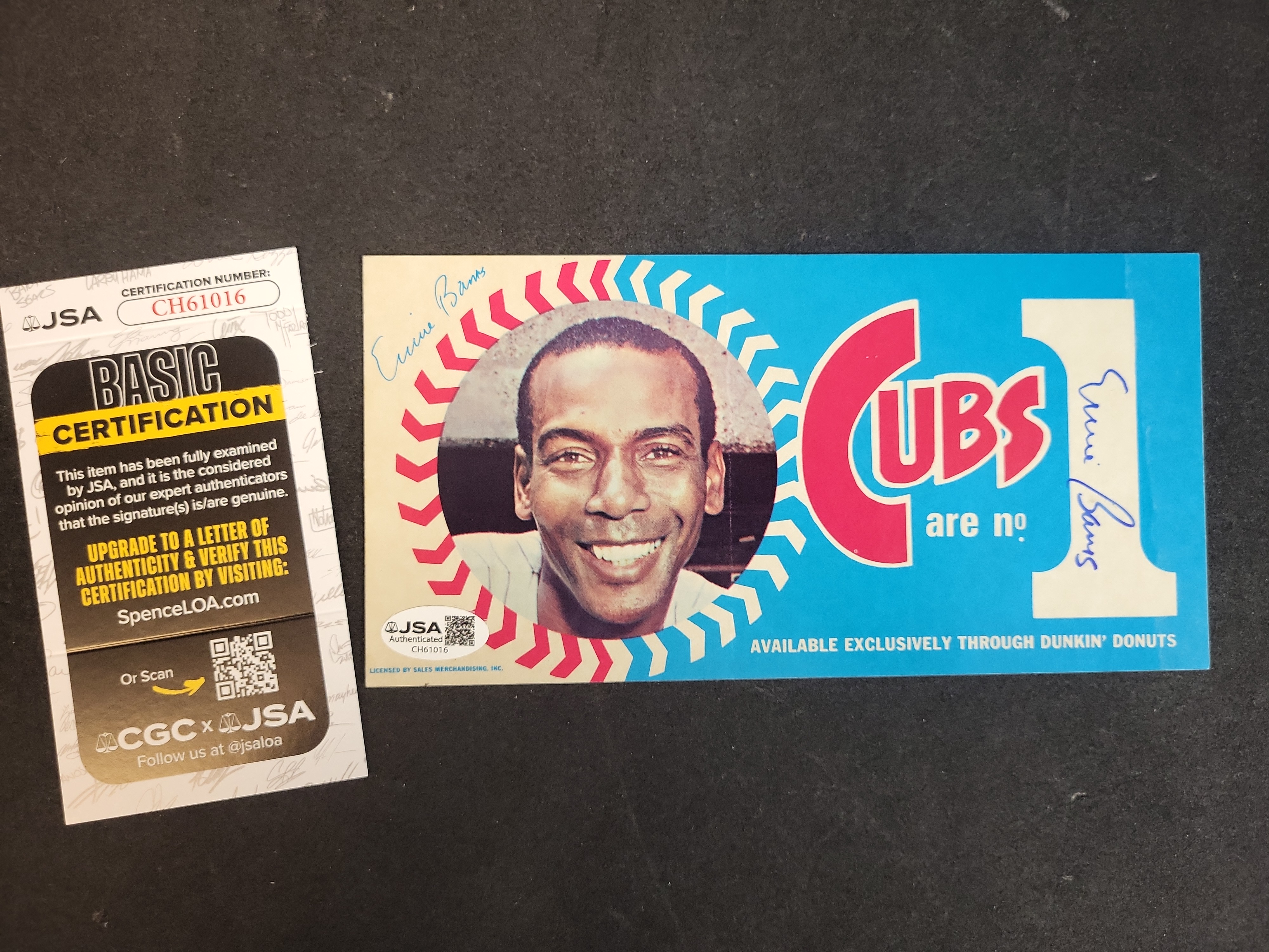 I03307 | Dual Signed 1970 Dunkin Donuts Chicago Cubs Ernie Banks Bumper Sticker JSA COA